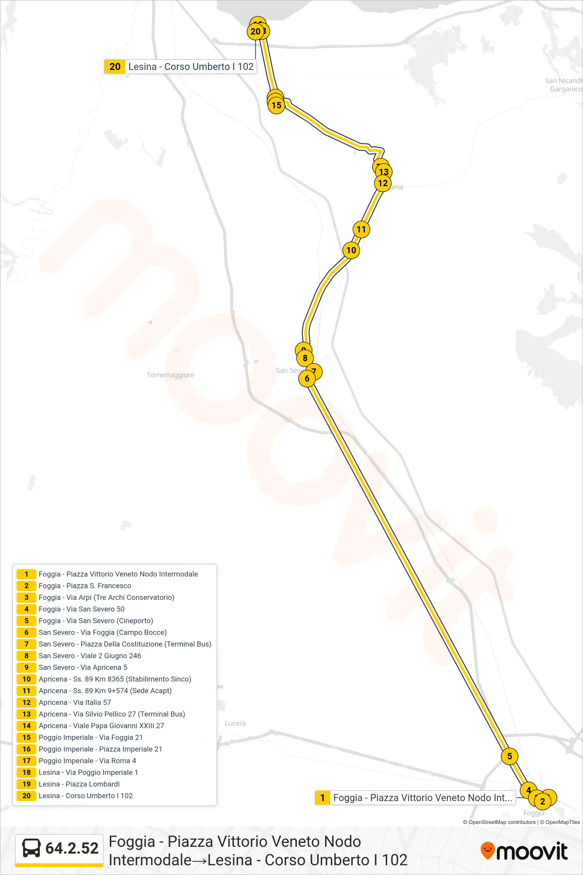 Linea 64.2.52  bus (Foggia - Piazza Vittorio Veneto Nodo Intermodale‎→Lesina - Corso Umberto I 102) - Percorsi e fermate sulla mappa