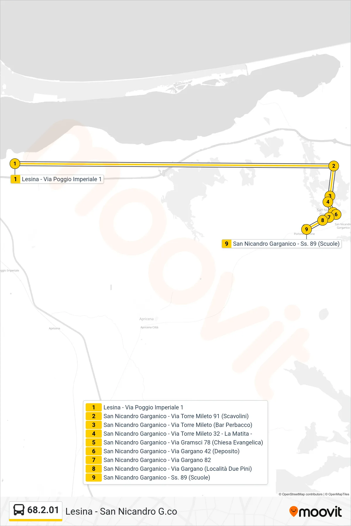 Linea 68.2.01 bus (Lesina - Via Poggio Imperiale 1→San Nicandro Garganico - Ss. 89 (Scuole)) - Percorsi e fermate sulla mappa