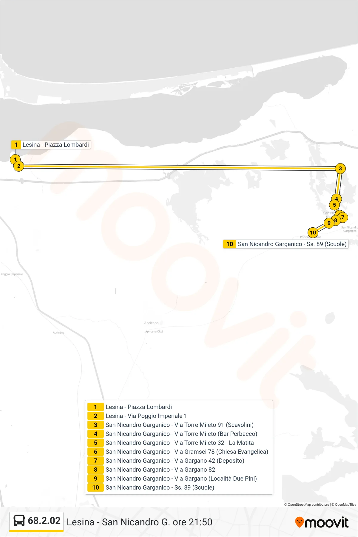 Linea 68.2.02 bus (Lesina - Piazza Lombardi→San Nicandro Garganico - Ss. 89 (Scuole)) - Percorsi e fermate sulla mappa