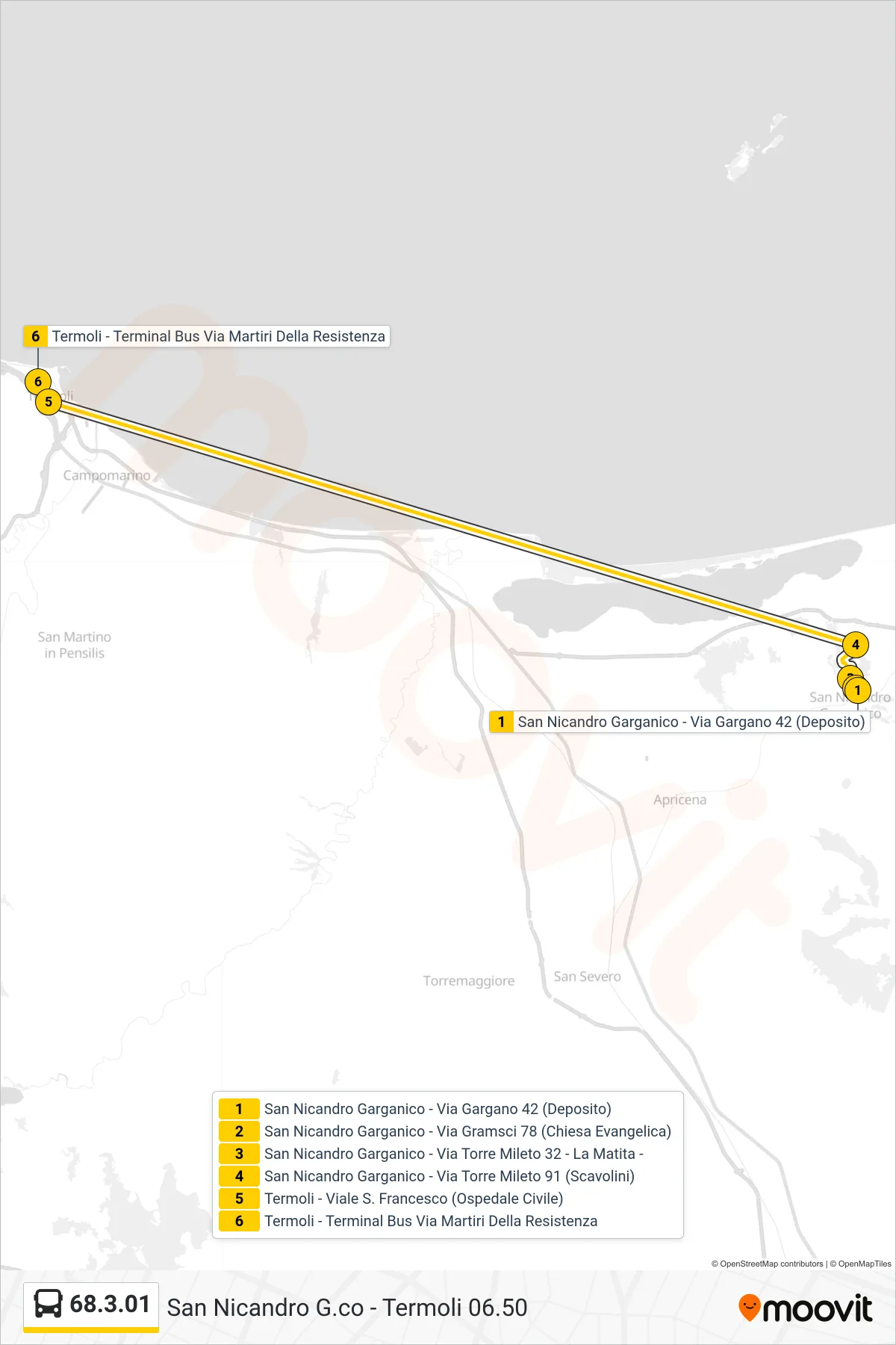 Linea 68.3.01 bus (San Nicandro Garganico - Via Gargano 42 (Deposito)→Termoli - Terminal Bus Via Martiri Della Resistenza) - Percorsi e fermate sulla mappa