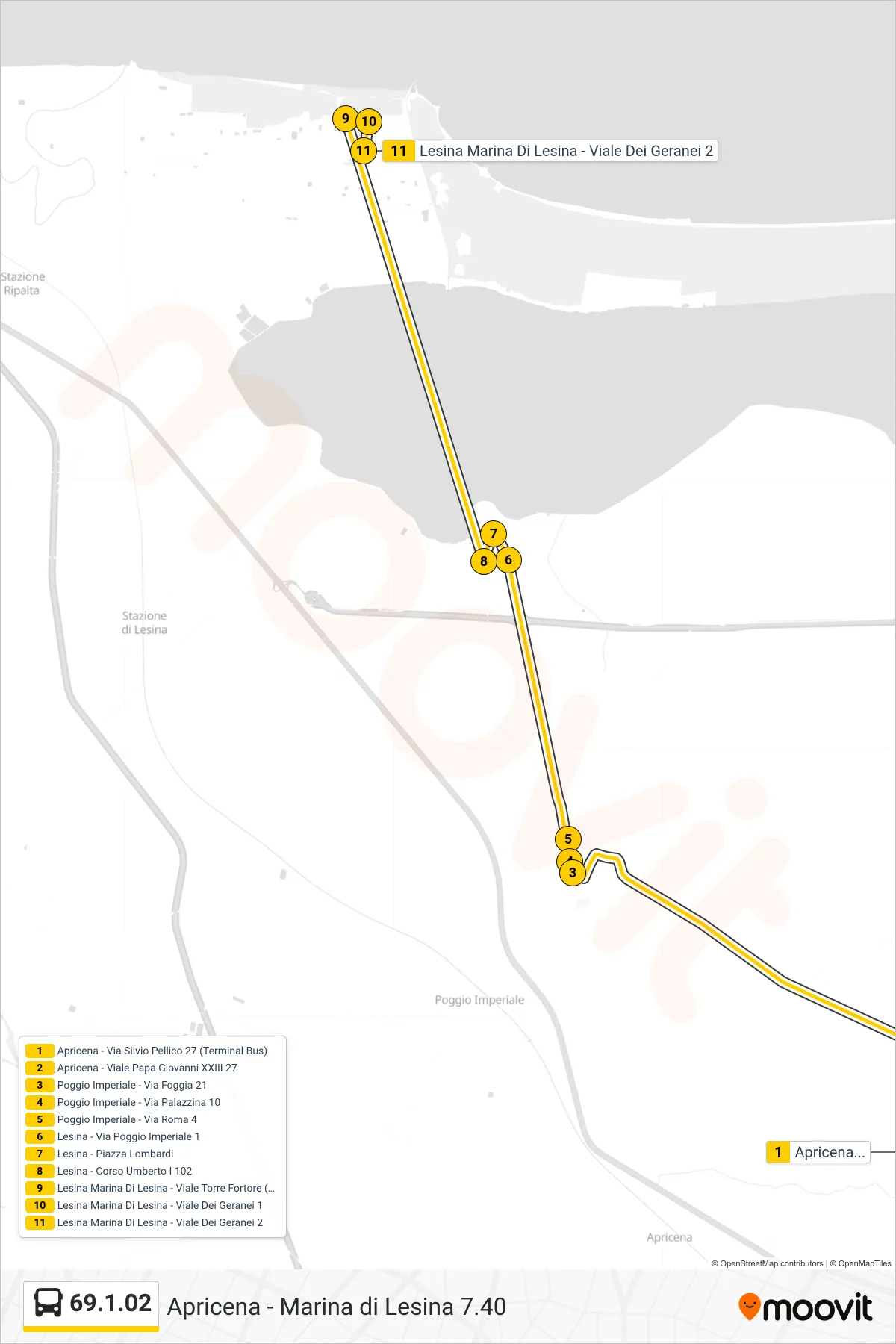 Linea 69.1.02  bus (Apricena - Via Silvio Pellico 27 (Terminal Bus)‎→Lesina Marina Di Lesina - Viale Dei Geranei 2) - Percorsi e fermate sulla mappa