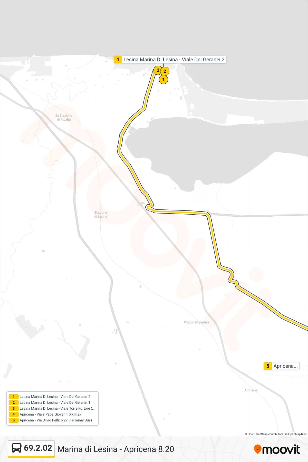 Linea 69.2.02  bus (Lesina Marina Di Lesina - Viale Dei Geranei 2‎→Apricena - Via Silvio Pellico 27 (Terminal Bus)) - Percorsi e fermate sulla mappa