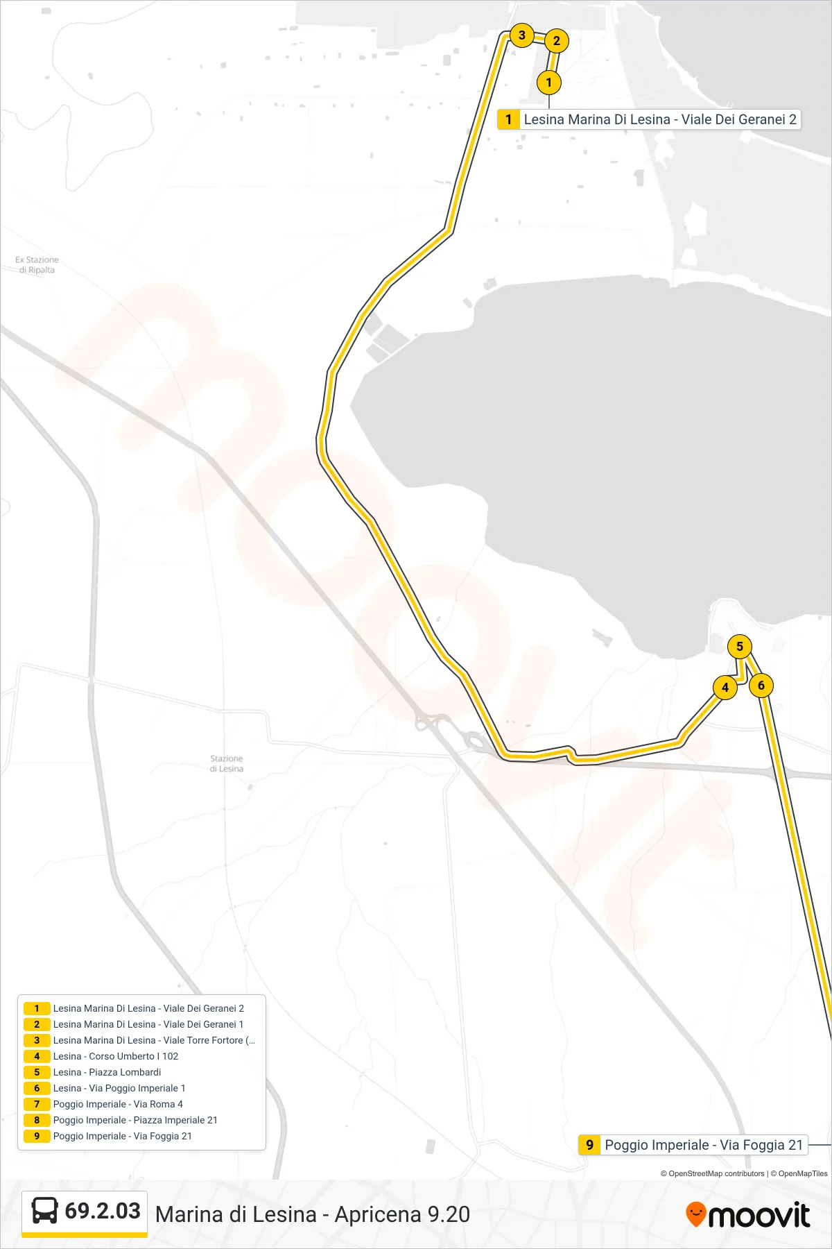 Linea 69.2.03  bus (Lesina Marina Di Lesina - Viale Dei Geranei 2‎→Poggio Imperiale - Via Foggia  21) - Percorsi e fermate sulla mappa