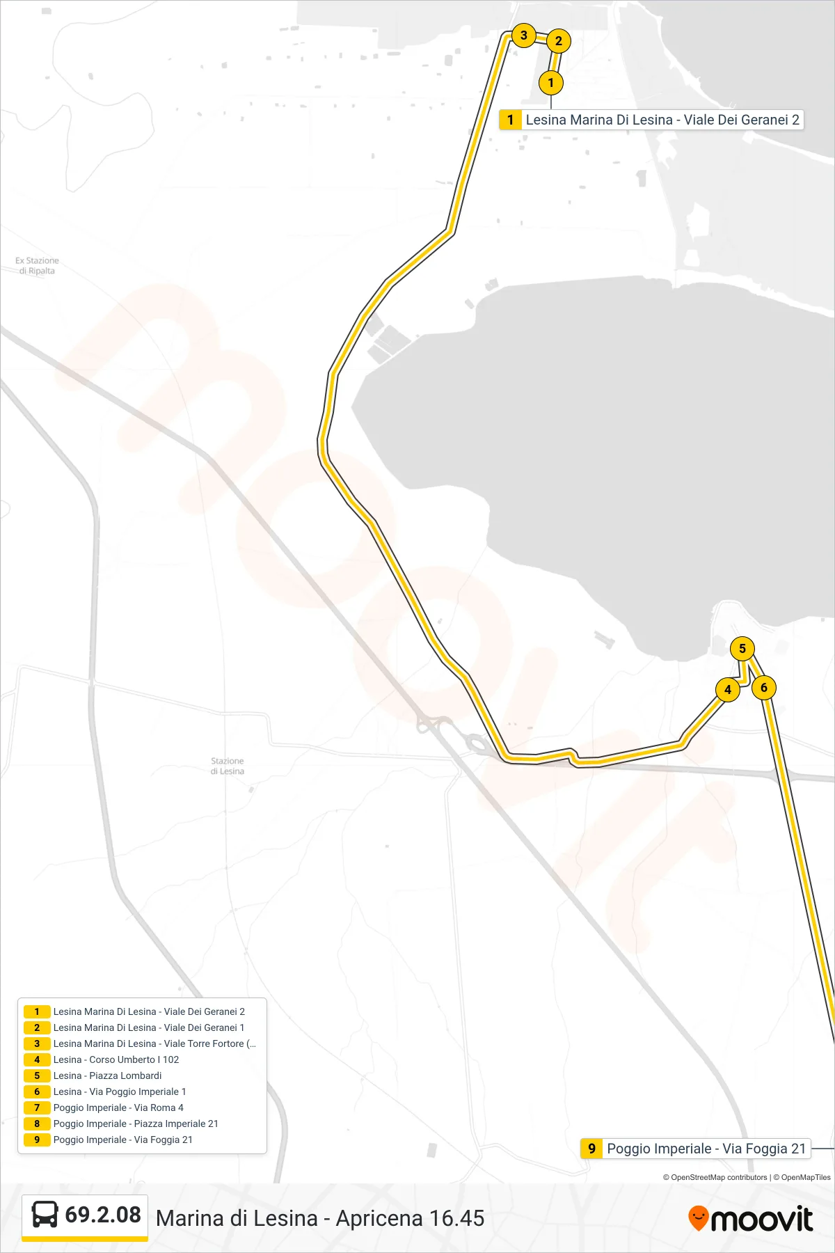 Linea 69.2.08  bus (Lesina Marina Di Lesina - Viale Dei Geranei 2‎→Poggio Imperiale - Via Foggia  21) - Percorsi e fermate sulla mappa