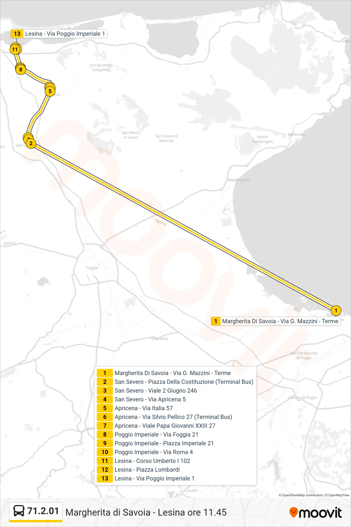 Linea 71.2.01 bus (Margherita Di Savoia - Via G. Mazzini - Terme→Lesina - Via Poggio Imperiale 1) - Percorsi e fermate sulla mappa