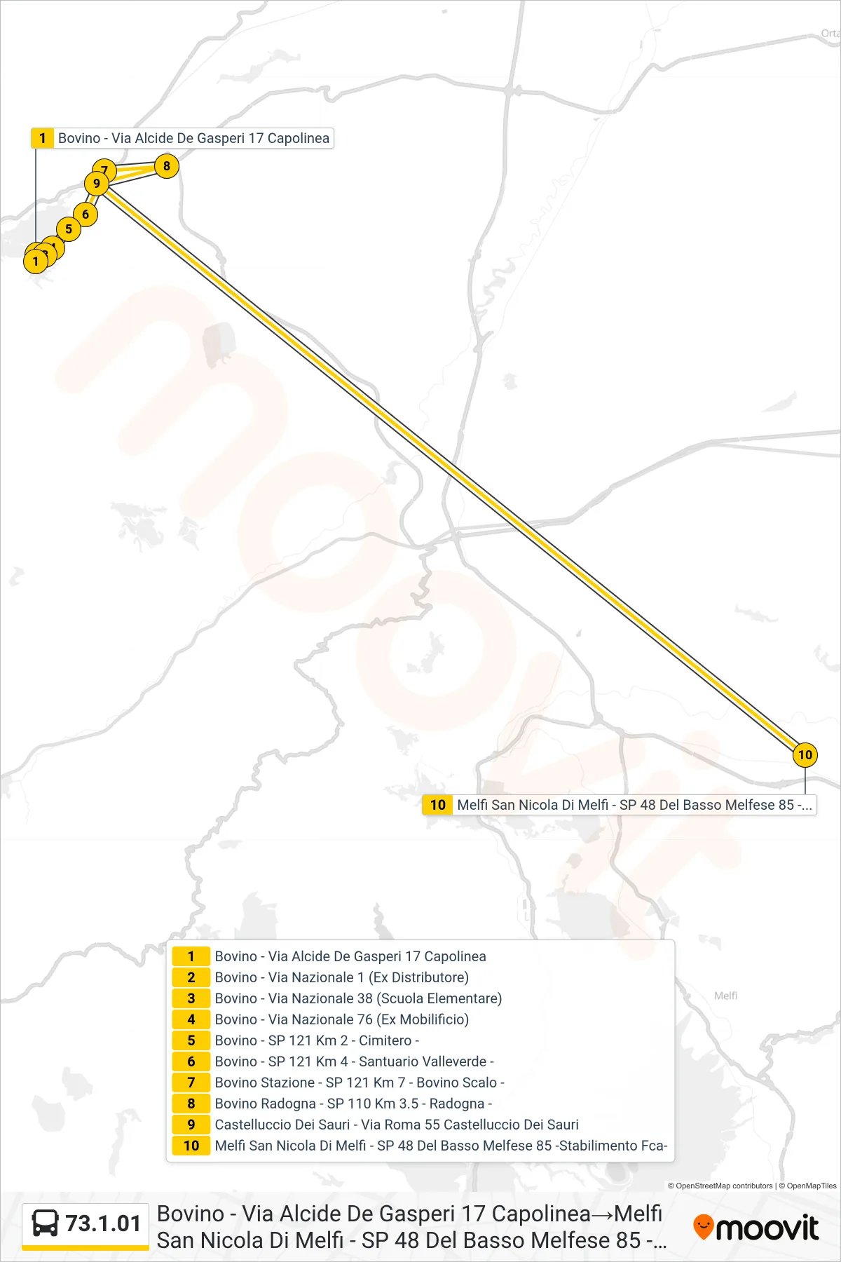 Linea 73.1.01 bus (Bovino - Via Alcide De Gasperi 17 Capolinea→Melfi San Nicola Di Melfi - SP 48 Del Basso Melfese 85 -Stabilimento Fca-) - Percorsi e fermate sulla mappa