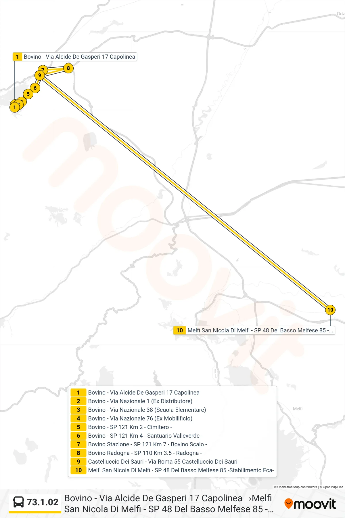 Linea 73.1.02 bus (Bovino - Via Alcide De Gasperi 17 Capolinea→Melfi San Nicola Di Melfi - SP 48 Del Basso Melfese 85 -Stabilimento Fca-) - Percorsi e fermate sulla mappa
