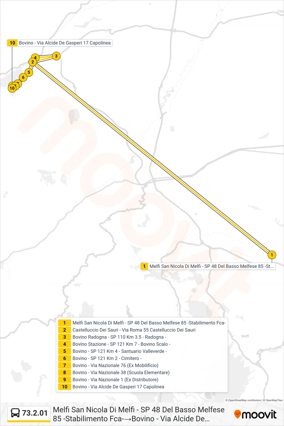 Linea 73.2.01 bus (Melfi San Nicola Di Melfi - SP 48 Del Basso Melfese 85 -Stabilimento Fca-→Bovino - Via Alcide De Gasperi 17 Capolinea) - Percorsi e fermate sulla mappa