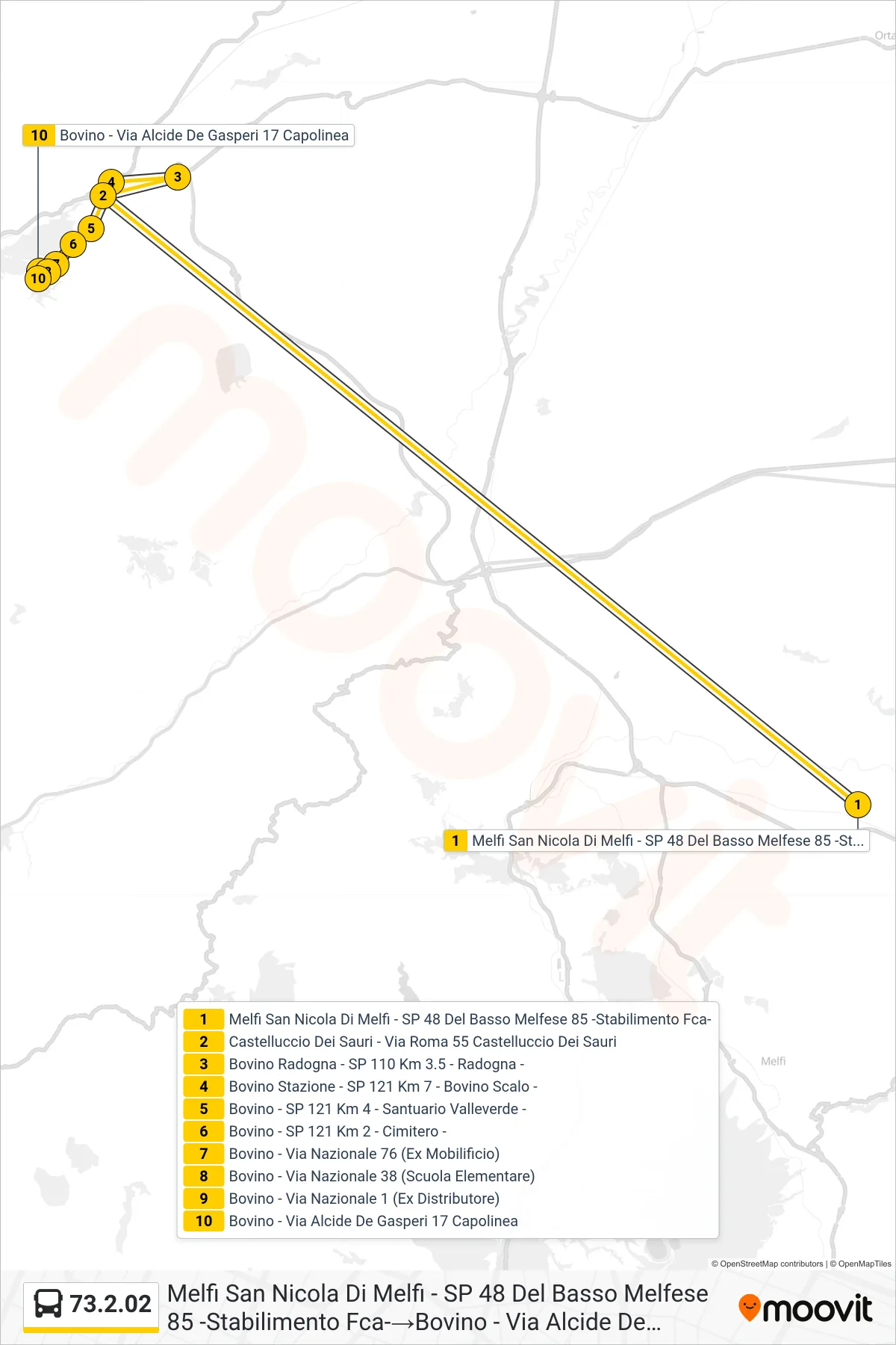 Linea 73.2.02  bus (Melfi San Nicola Di Melfi - SP 48 Del Basso Melfese 85 -Stabilimento Fca-‎→Bovino - Via Alcide De Gasperi 17 Capolinea) - Percorsi e fermate sulla mappa