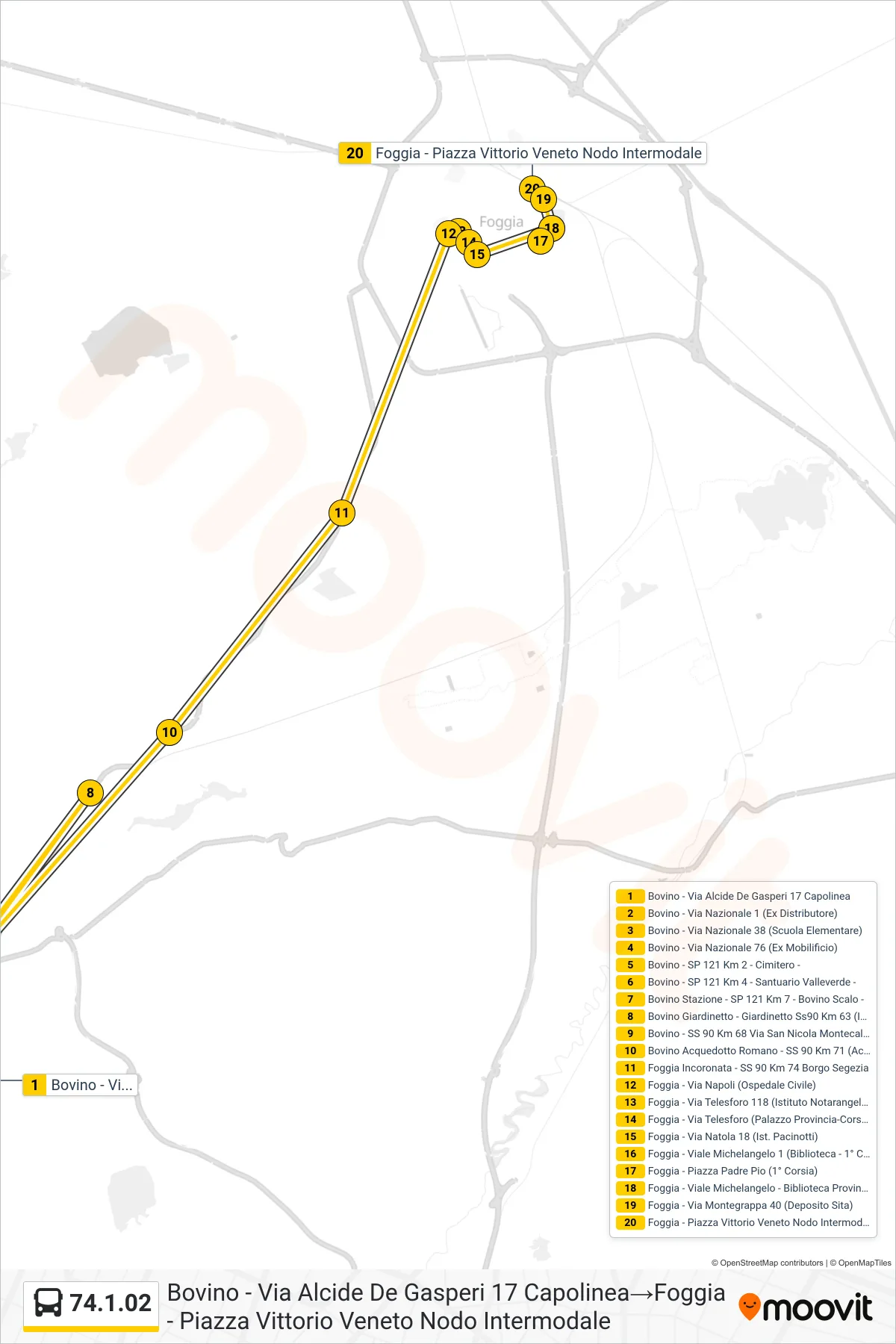Linea 74.1.02 bus (Bovino - Via Alcide De Gasperi 17 Capolinea→Foggia - Piazza Vittorio Veneto Nodo Intermodale) - Percorsi e fermate sulla mappa