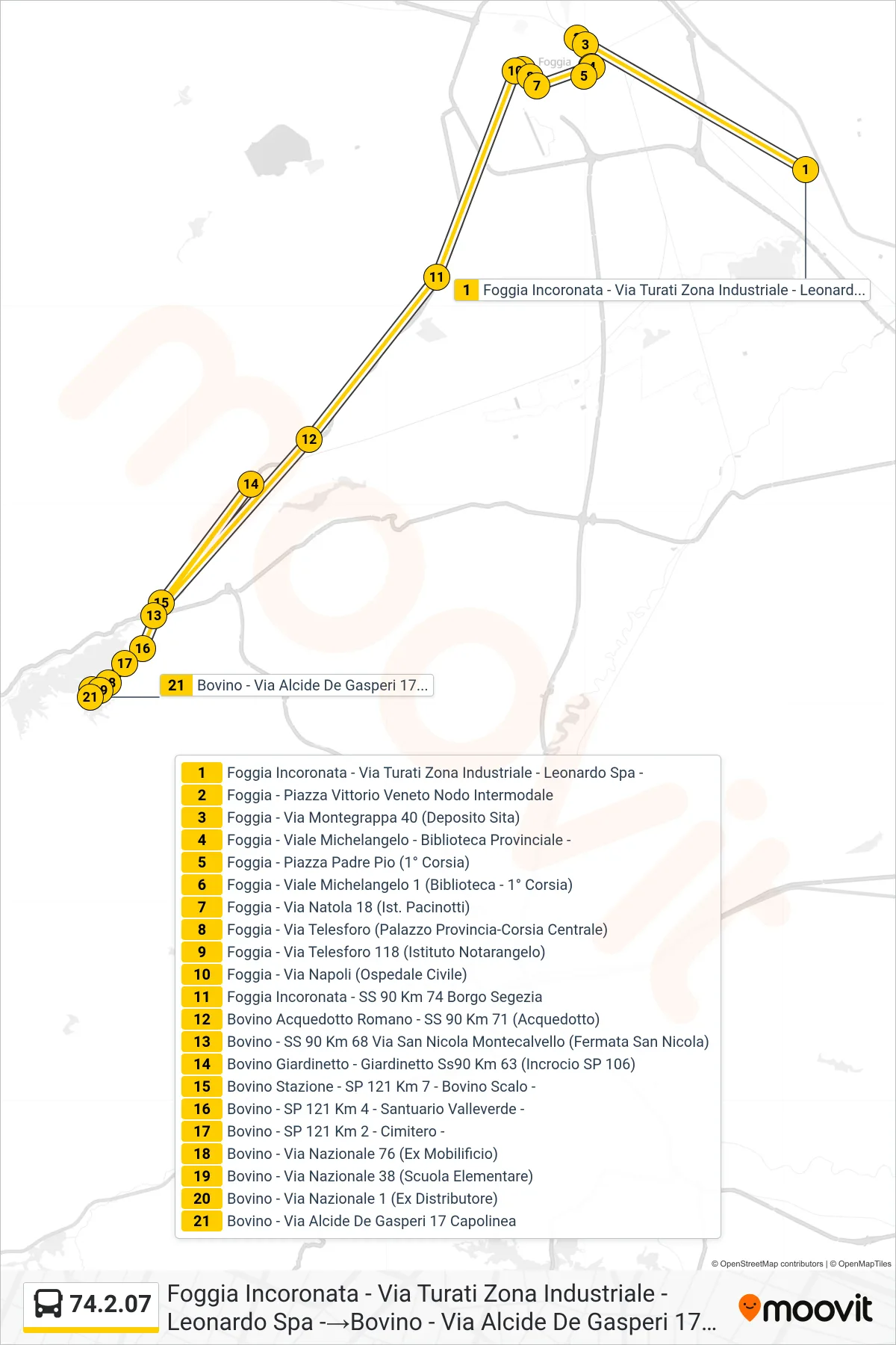 Linea 74.2.07  bus (Foggia Incoronata - Via Turati Zona Industriale - Leonardo Spa -‎→Bovino - Via Alcide De Gasperi 17 Capolinea) - Percorsi e fermate sulla mappa