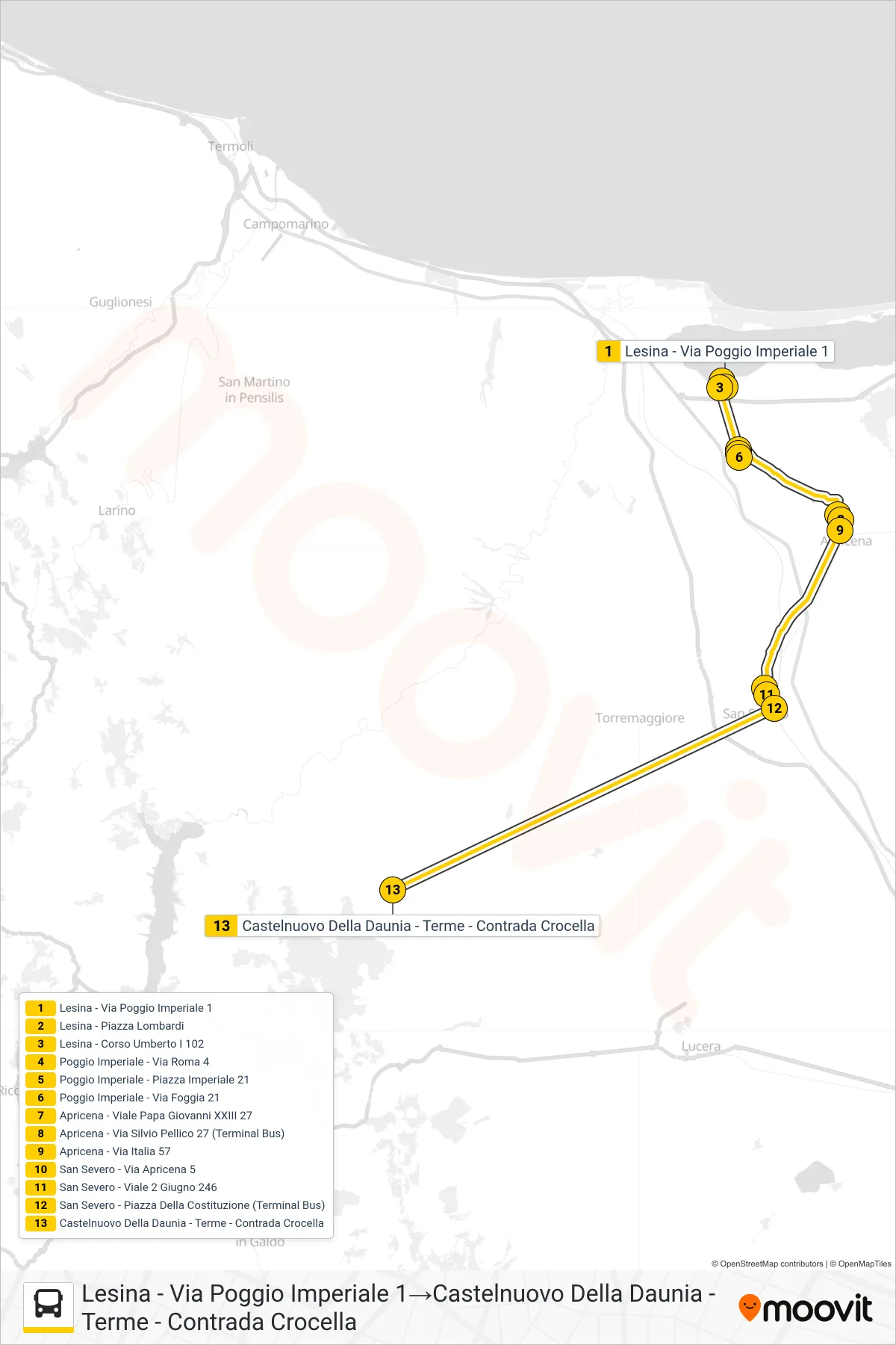 Linea 545.1.02 bus (Lesina - Via Poggio Imperiale 1→Castelnuovo Della Daunia - Terme - Contrada Crocella) - Percorsi e fermate sulla mappa