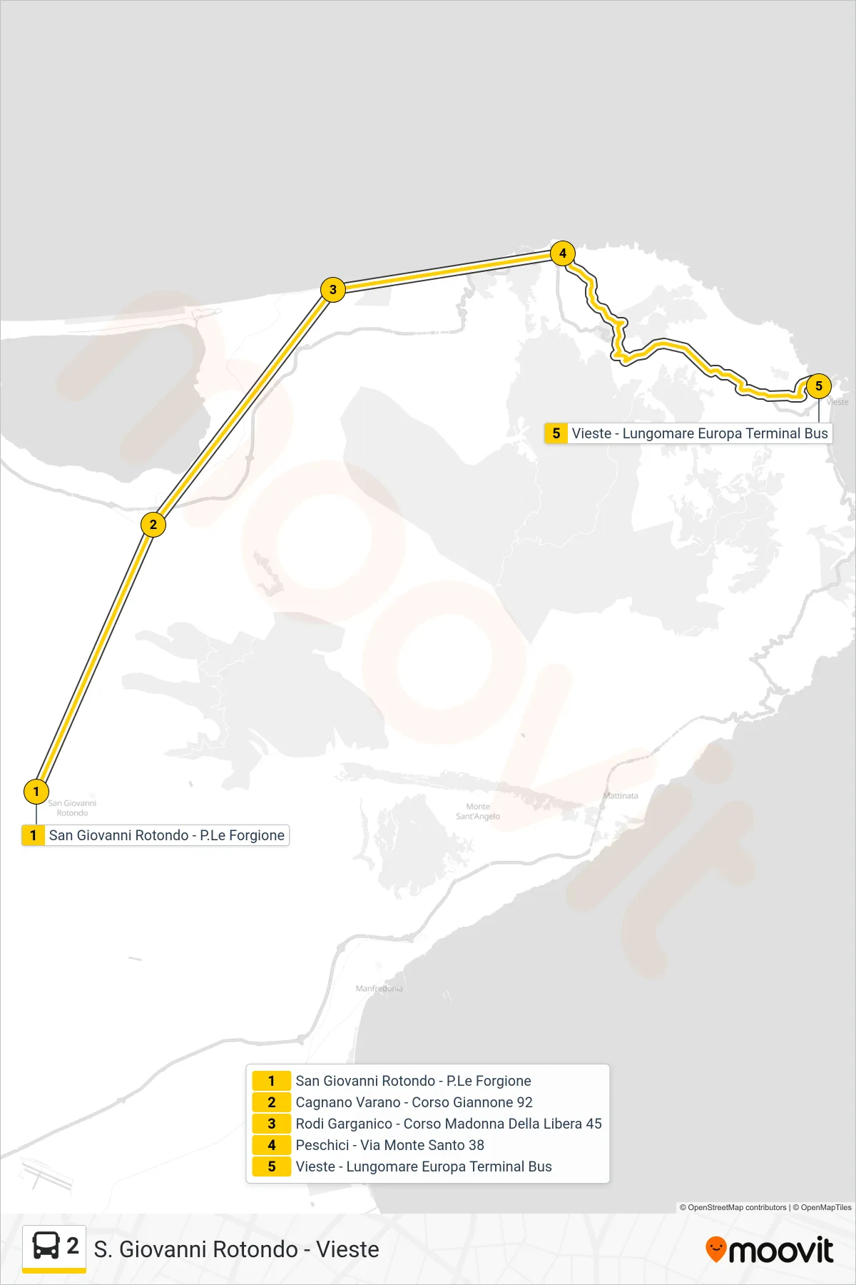 Linea 2  bus (San Giovanni Rotondo - P.Le Forgione‎→Vieste - Lungomare Europa Terminal Bus) - Percorsi e fermate sulla mappa