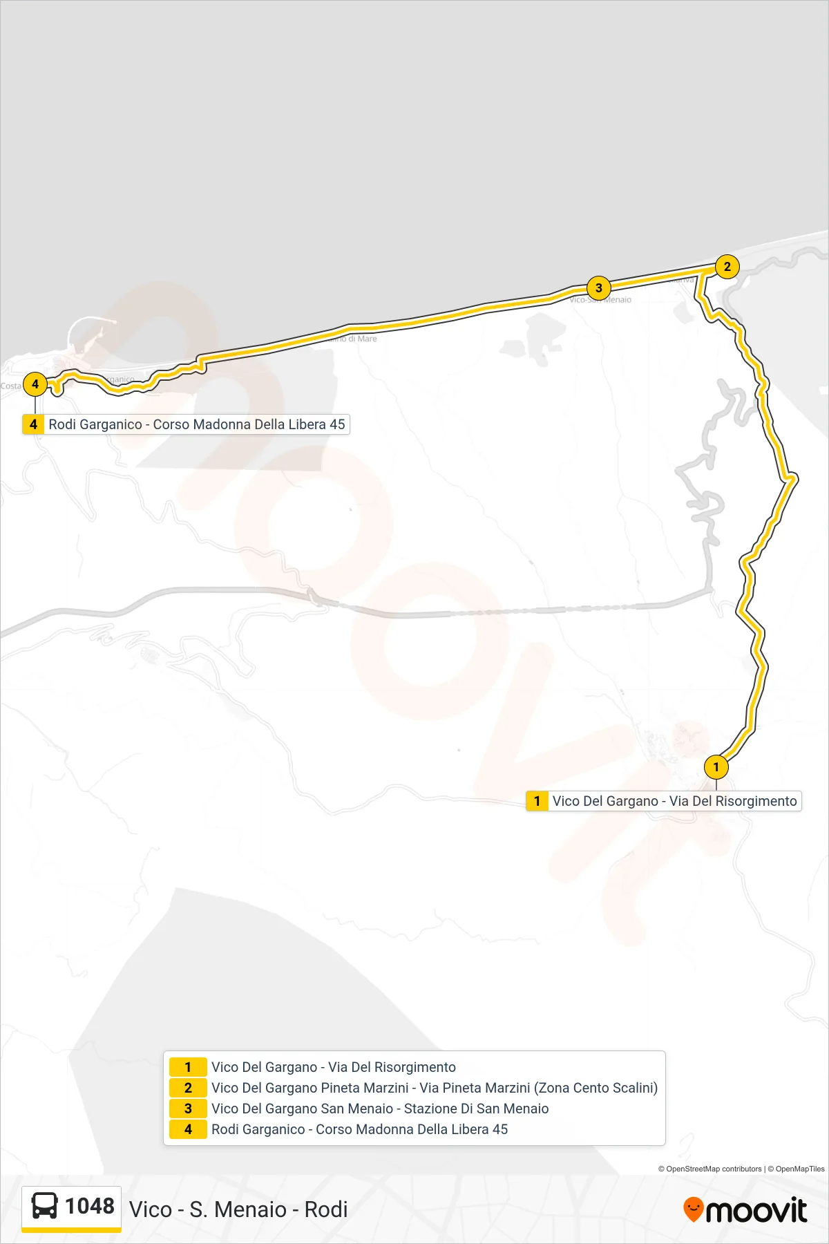 Linea 1048 bus (Vico Del Gargano - Via Del Risorgimento→Rodi Garganico - Corso Madonna Della Libera 45) - Percorsi e fermate sulla mappa