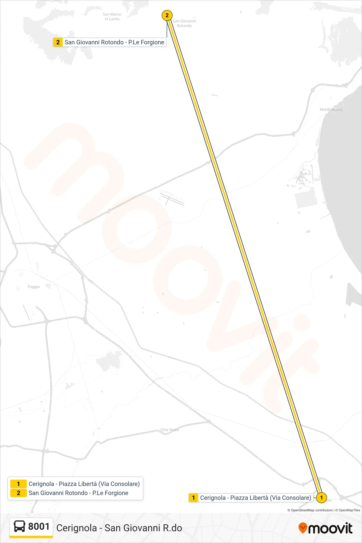 Linea 8001 bus (Cerignola - Piazza Libertà (Via Consolare)→San Giovanni Rotondo - P.Le Forgione) - Percorsi e fermate sulla mappa