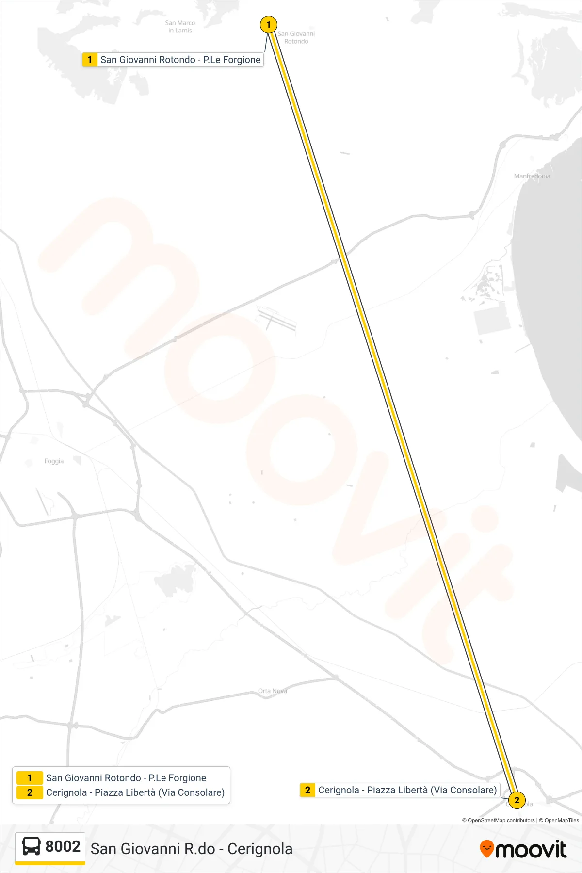 Linea 8002  bus (San Giovanni Rotondo - P.Le Forgione‎→Cerignola - Piazza Libertà (Via Consolare)) - Percorsi e fermate sulla mappa