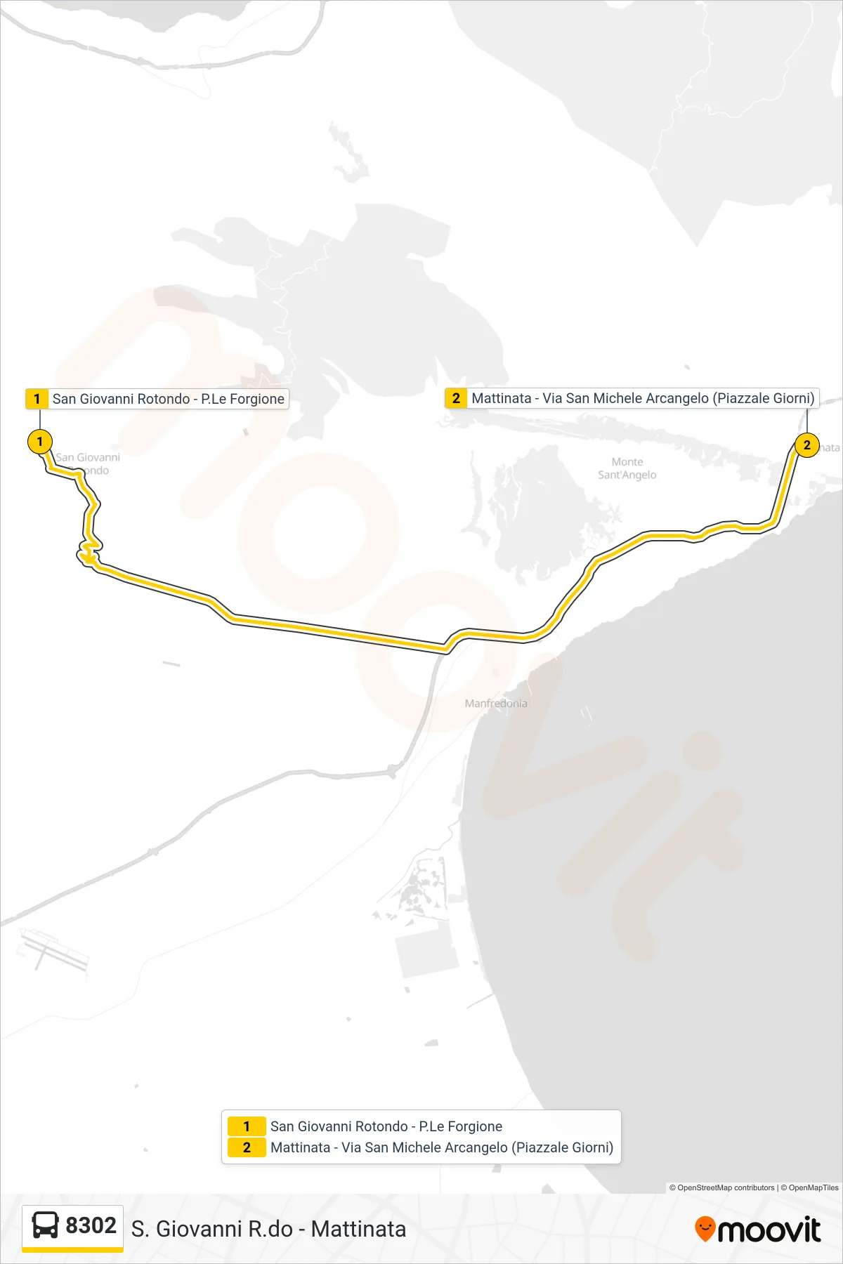 Linea 8302  bus (San Giovanni Rotondo - P.Le Forgione‎→Mattinata - Via San Michele Arcangelo (Piazzale Giorni)) - Percorsi e fermate sulla mappa
