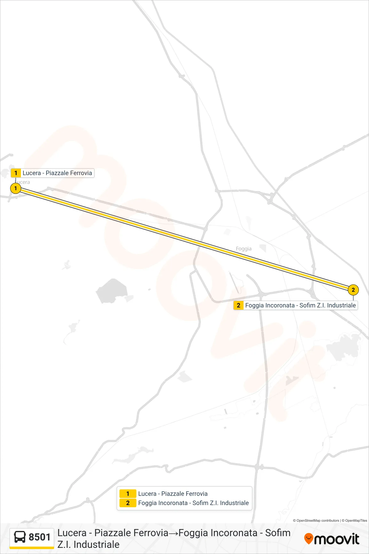 Linea 8501  bus (Lucera - Piazzale Ferrovia‎→Foggia Incoronata - Sofim Z.I. Industriale) - Percorsi e fermate sulla mappa