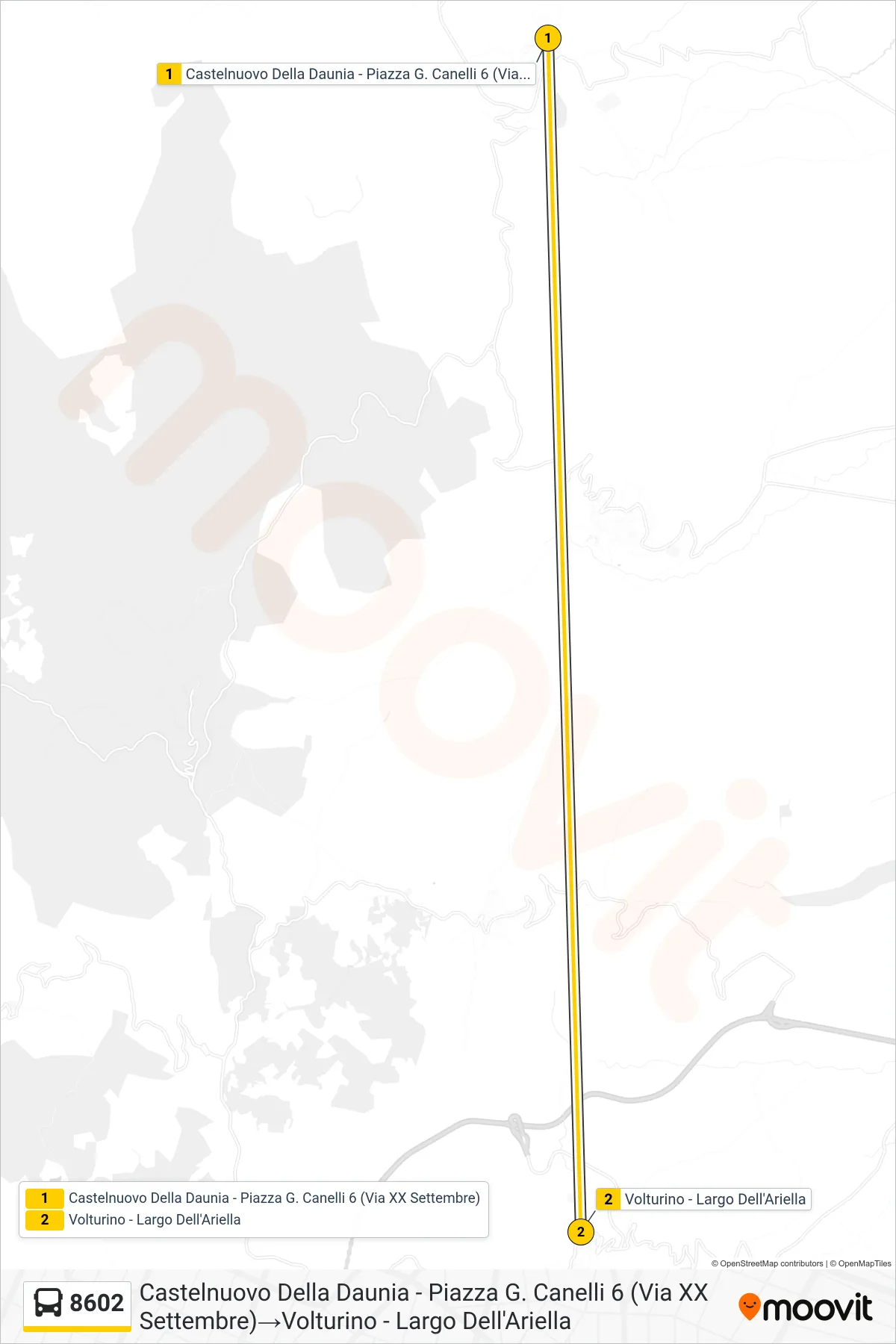 Linea 8602  bus (Castelnuovo Della Daunia - Piazza G. Canelli 6 (Via XX Settembre)‎→Volturino - Largo Dell'Ariella) - Percorsi e fermate sulla mappa