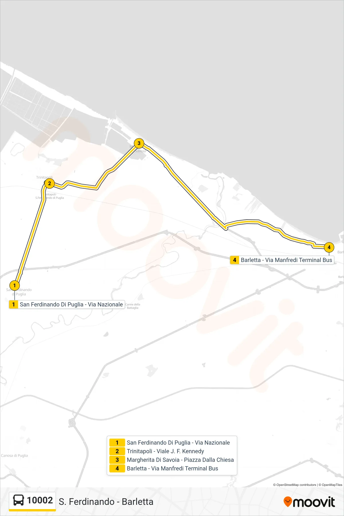 Linea 10002 bus (San Ferdinando Di Puglia - Via Nazionale→Barletta - Via Manfredi Terminal Bus) - Percorsi e fermate sulla mappa