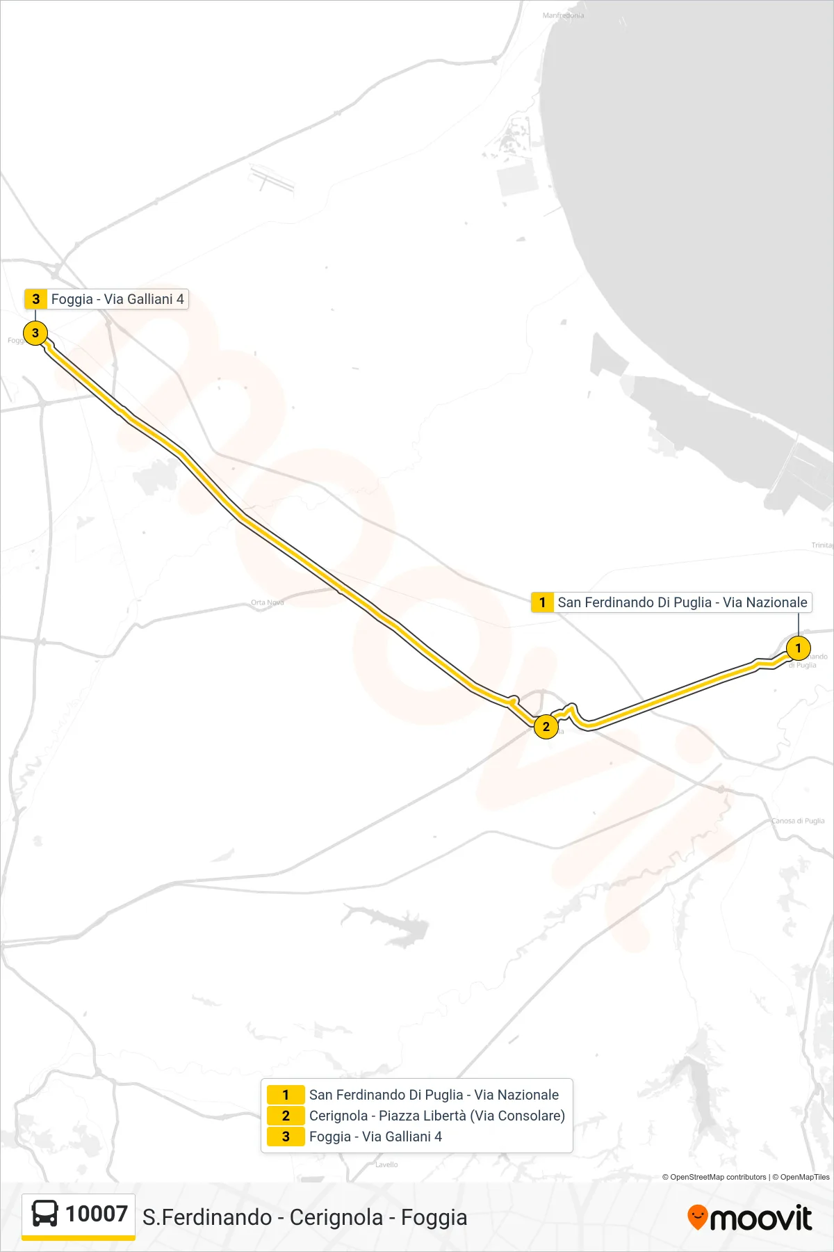 Linea 10007 bus (San Ferdinando Di Puglia - Via Nazionale→Foggia - Via Galliani 4) - Percorsi e fermate sulla mappa