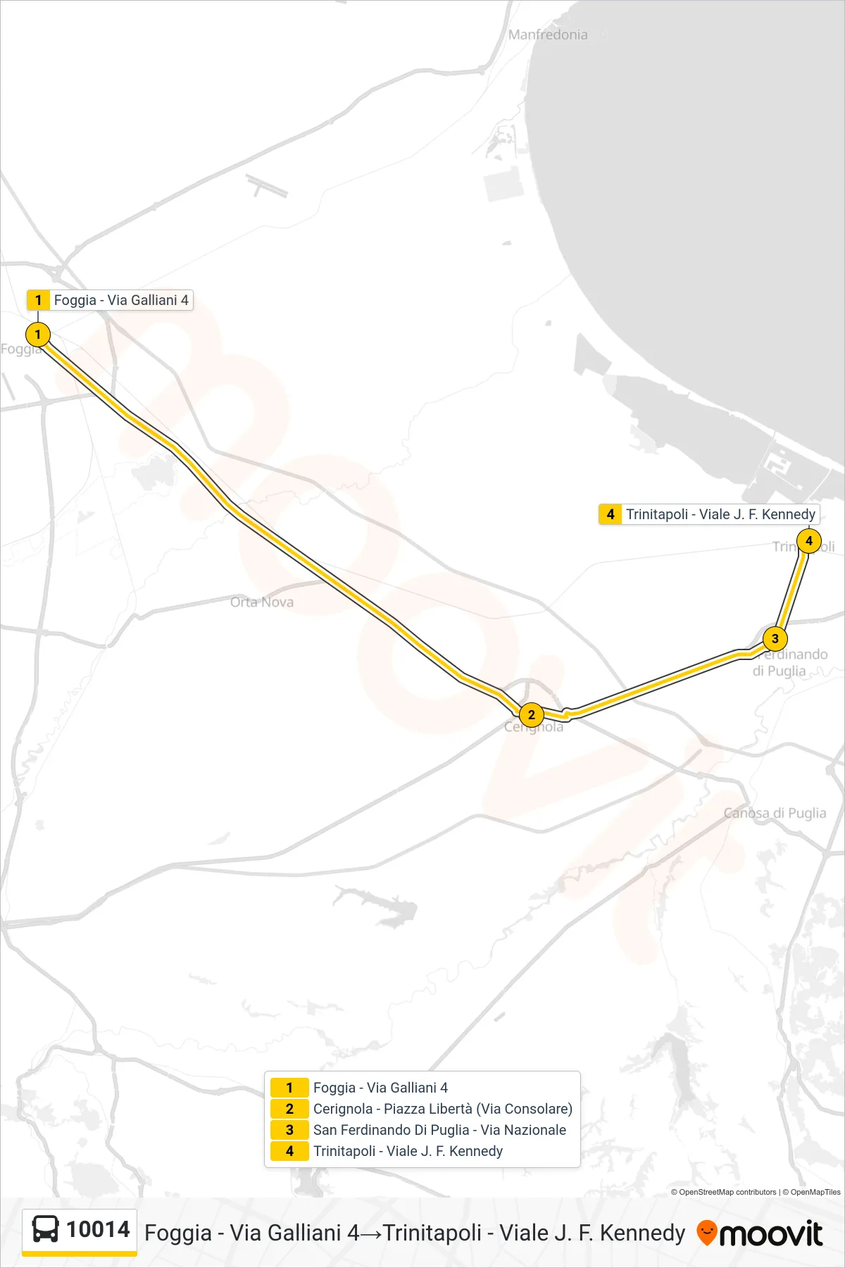 Linea 10014  bus (Foggia - Via Galliani 4‎→Trinitapoli - Viale J. F. Kennedy) - Percorsi e fermate sulla mappa