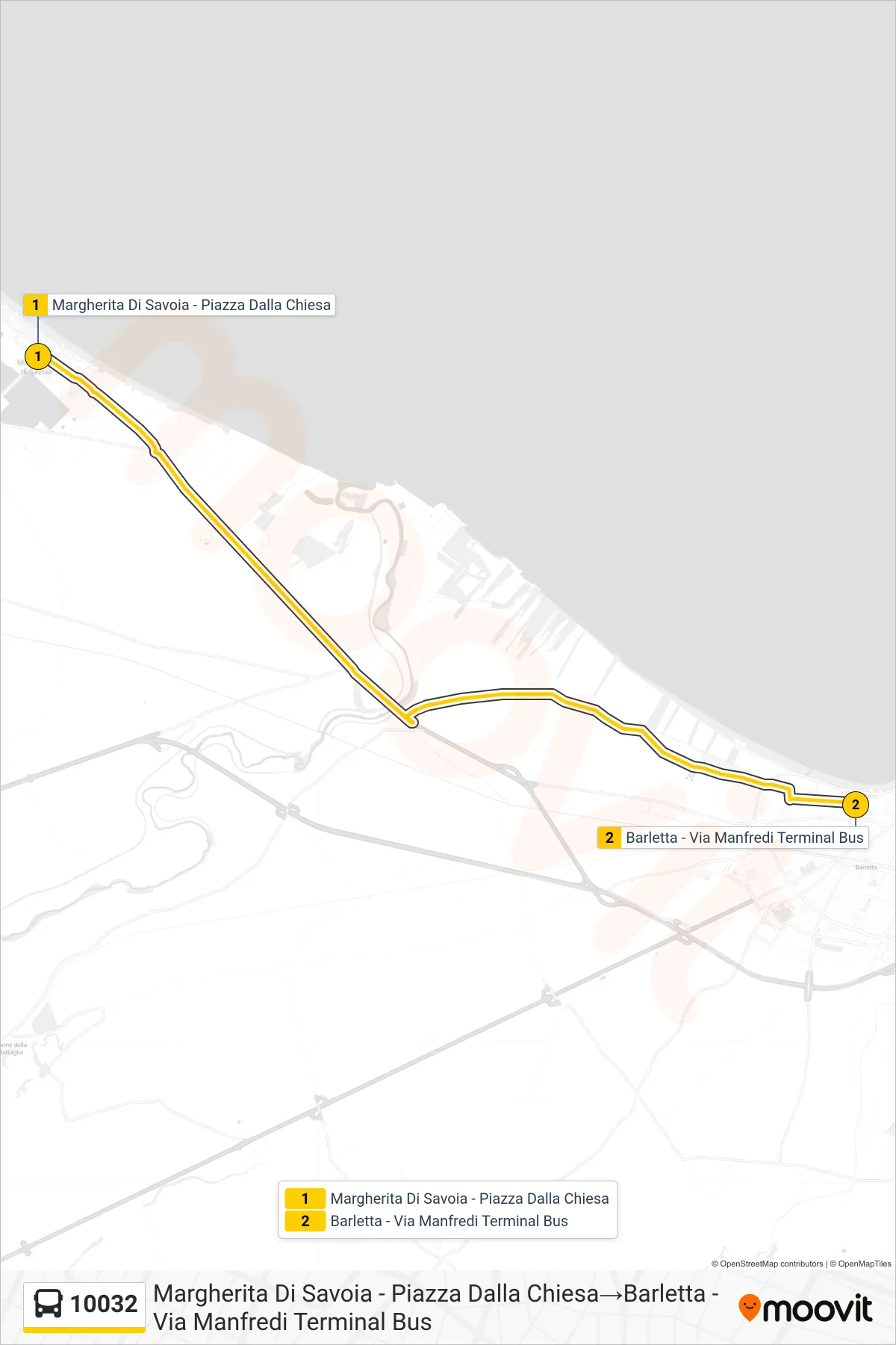 Linea 10032 bus (Margherita Di Savoia - Piazza Dalla Chiesa→Barletta - Via Manfredi Terminal Bus) - Percorsi e fermate sulla mappa