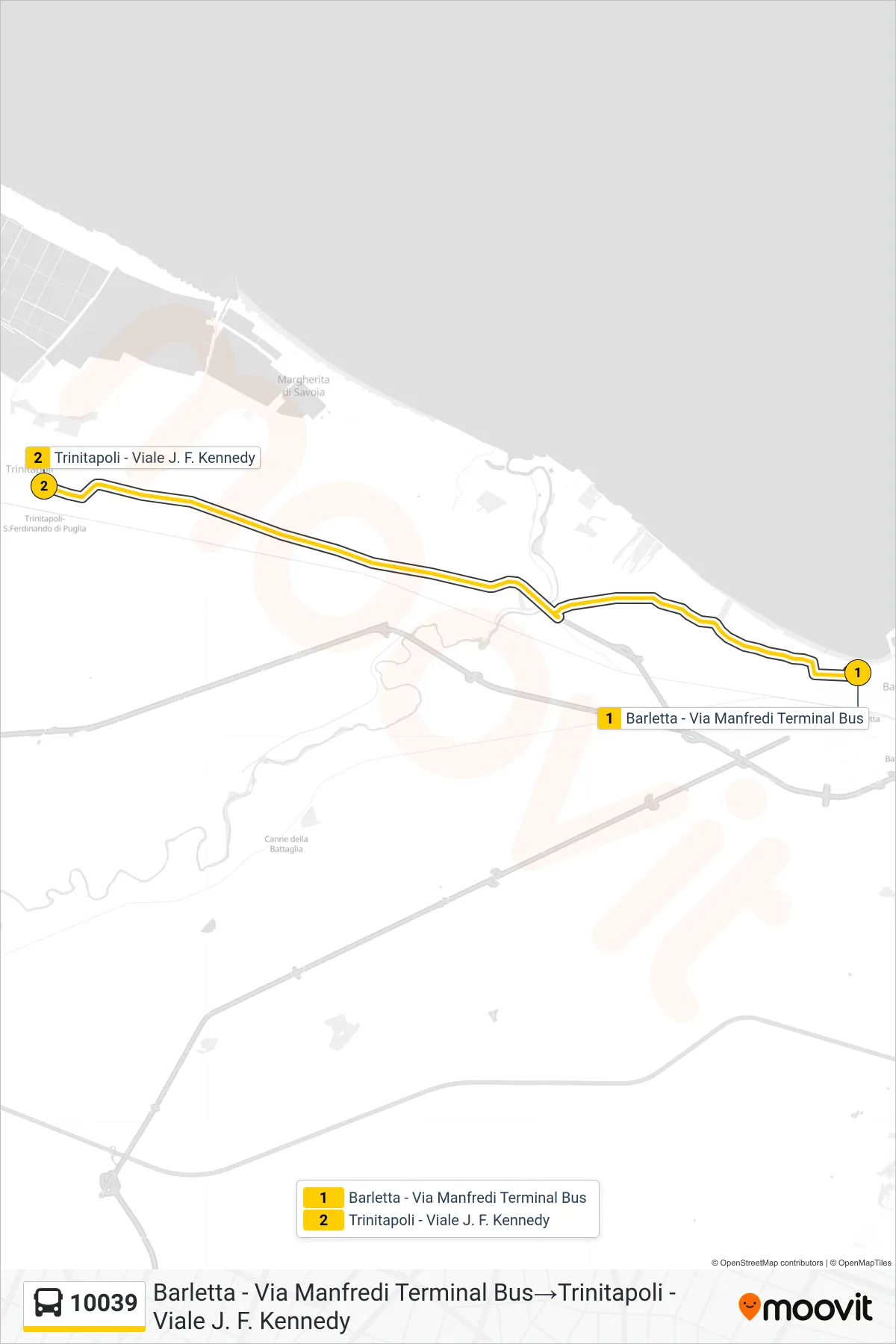 Linea 10039  bus (Barletta - Via Manfredi  Terminal Bus‎→Trinitapoli - Viale J. F. Kennedy) - Percorsi e fermate sulla mappa