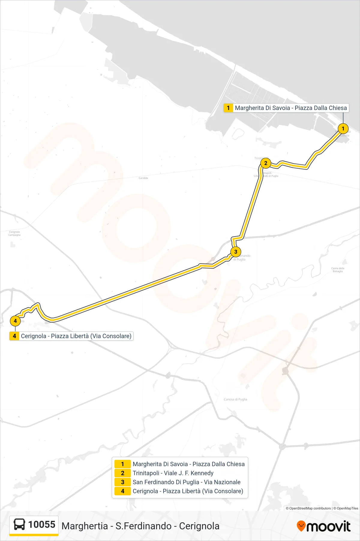 Linea 10055  bus (Margherita Di Savoia - Piazza Dalla Chiesa‎→Cerignola - Piazza Libertà (Via Consolare)) - Percorsi e fermate sulla mappa