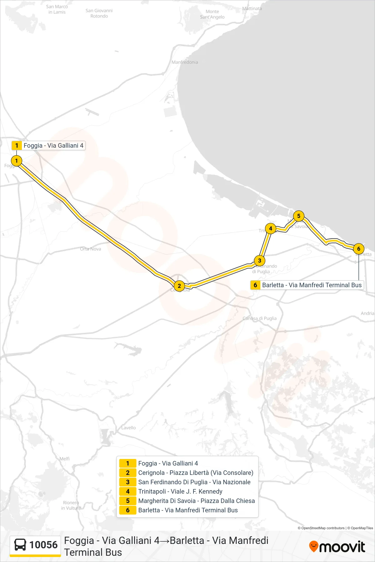 Linea 10056 bus (Foggia - Via Galliani 4→Barletta - Via Manfredi Terminal Bus) - Percorsi e fermate sulla mappa