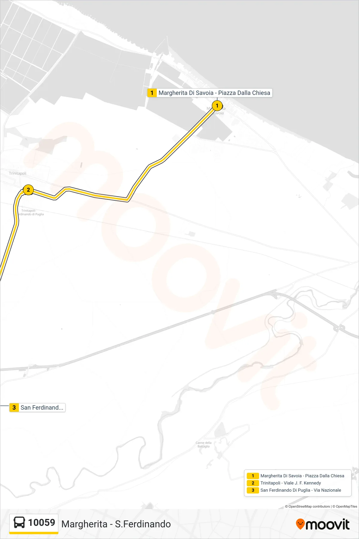 Linea 10059 bus (Margherita Di Savoia - Piazza Dalla Chiesa→San Ferdinando Di Puglia - Via Nazionale) - Percorsi e fermate sulla mappa