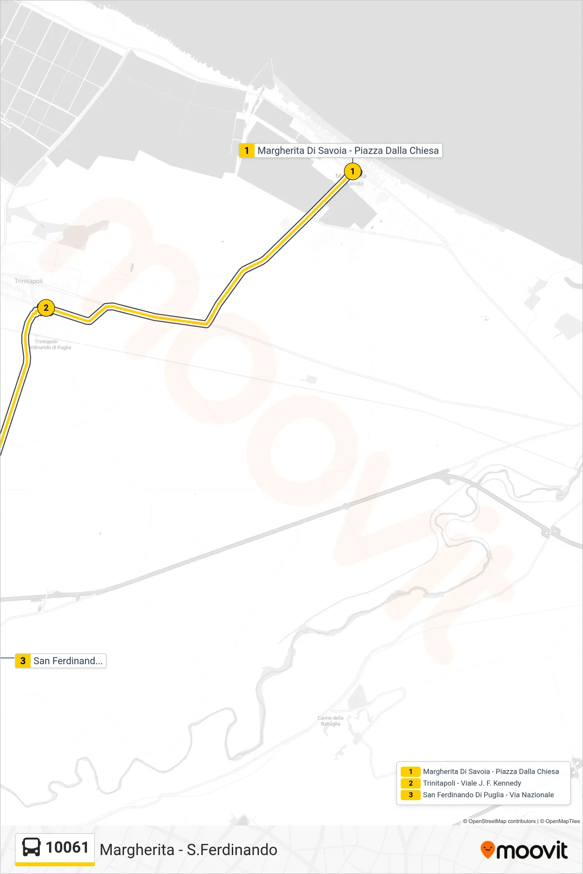 Linea 10061  bus (Margherita Di Savoia - Piazza Dalla Chiesa‎→San Ferdinando Di Puglia - Via Nazionale) - Percorsi e fermate sulla mappa