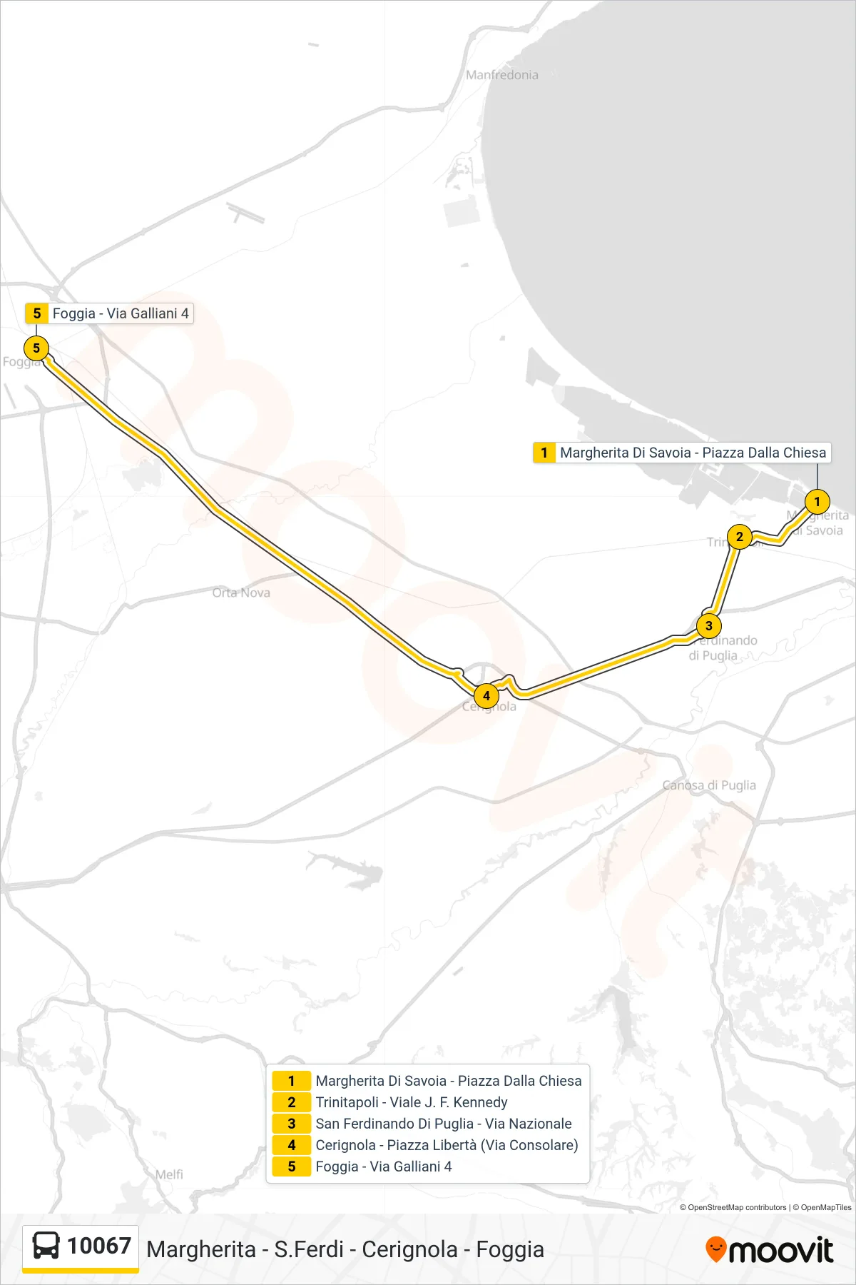 Linea 10067  bus (Margherita Di Savoia - Piazza Dalla Chiesa‎→Foggia - Via Galliani 4) - Percorsi e fermate sulla mappa