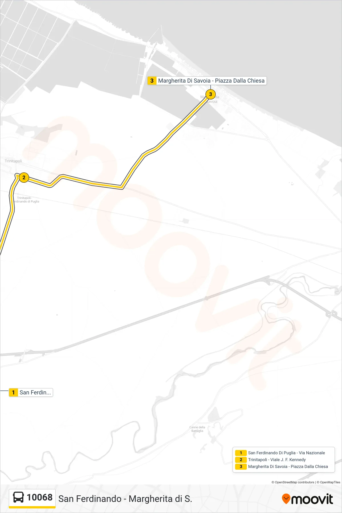 Linea 10068 bus (San Ferdinando Di Puglia - Via Nazionale→Margherita Di Savoia - Piazza Dalla Chiesa) - Percorsi e fermate sulla mappa