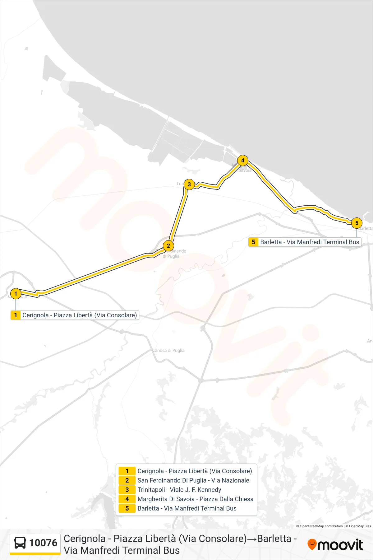 Linea 10076  bus (Cerignola - Piazza Libertà (Via Consolare)‎→Barletta - Via Manfredi  Terminal Bus) - Percorsi e fermate sulla mappa