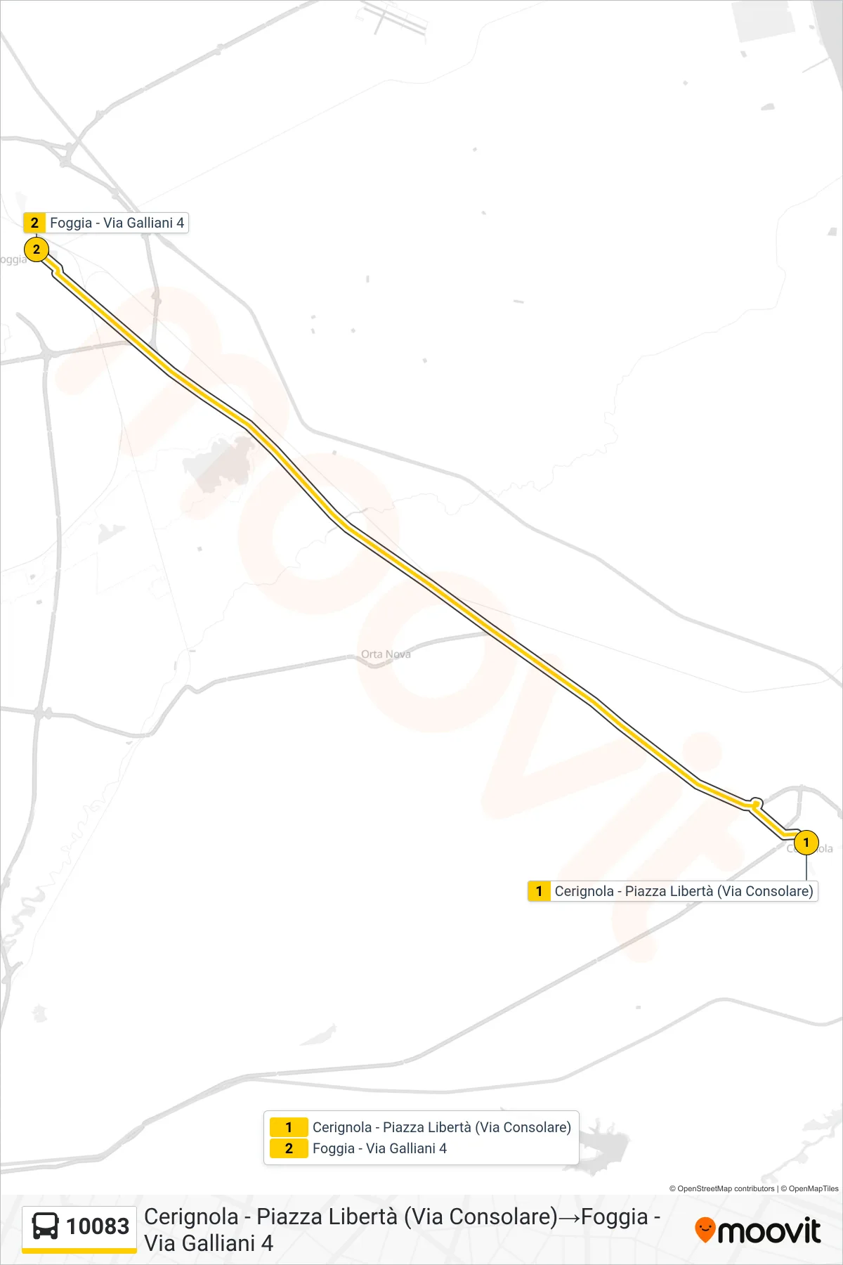 Linea 10083  bus (Cerignola - Piazza Libertà (Via Consolare)‎→Foggia - Via Galliani 4) - Percorsi e fermate sulla mappa