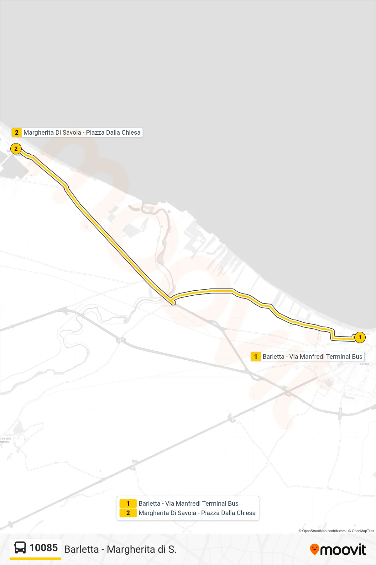 Linea 10085  bus (Barletta - Via Manfredi  Terminal Bus‎→Margherita Di Savoia - Piazza Dalla Chiesa) - Percorsi e fermate sulla mappa