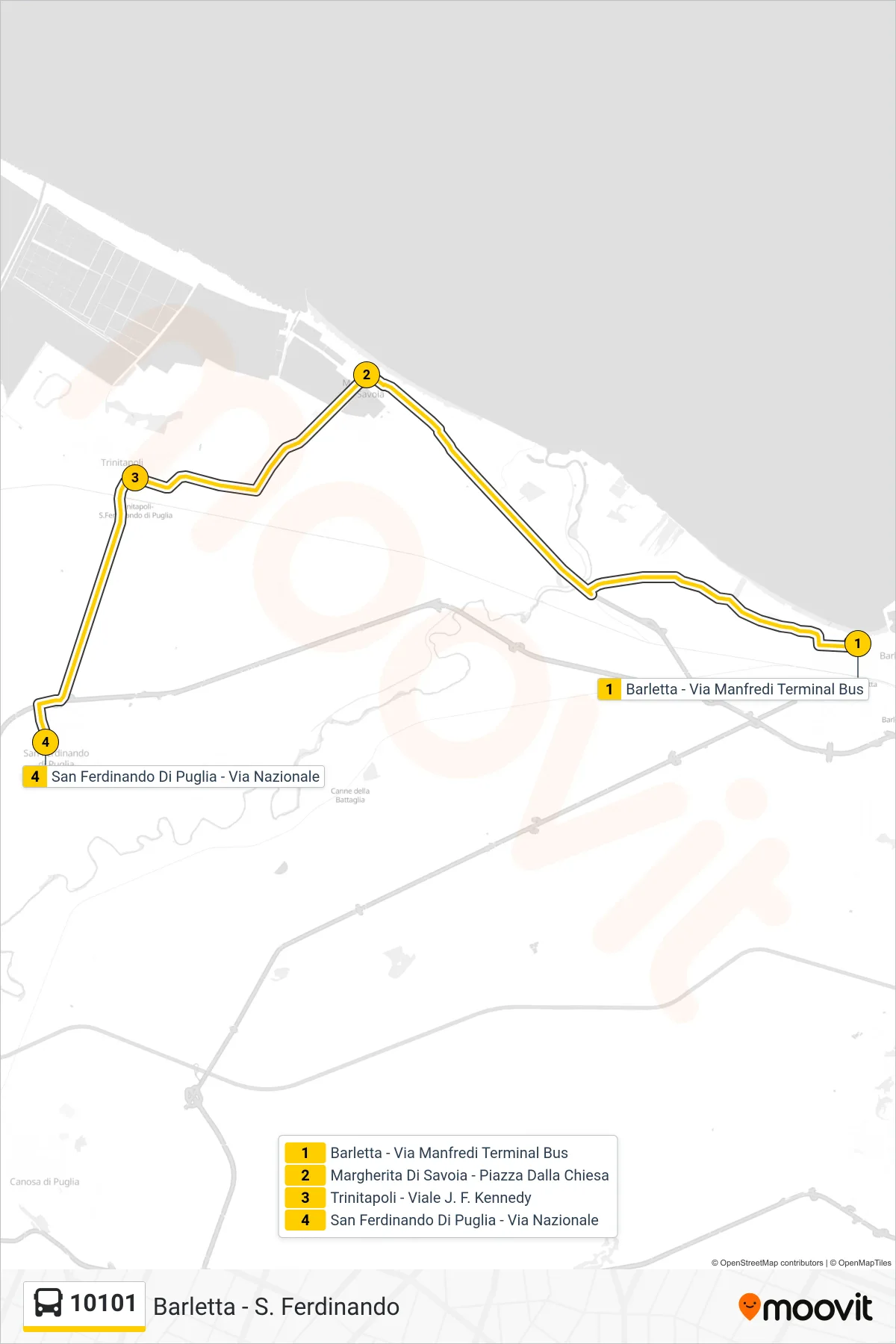 Linea 10101  bus (Barletta - Via Manfredi  Terminal Bus‎→San Ferdinando Di Puglia - Via Nazionale) - Percorsi e fermate sulla mappa