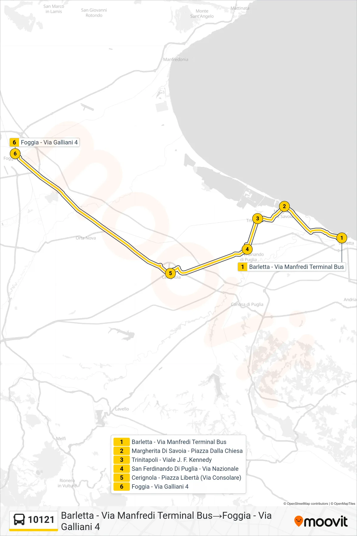 Linea 10121 bus (Barletta - Via Manfredi Terminal Bus→Foggia - Via Galliani 4) - Percorsi e fermate sulla mappa