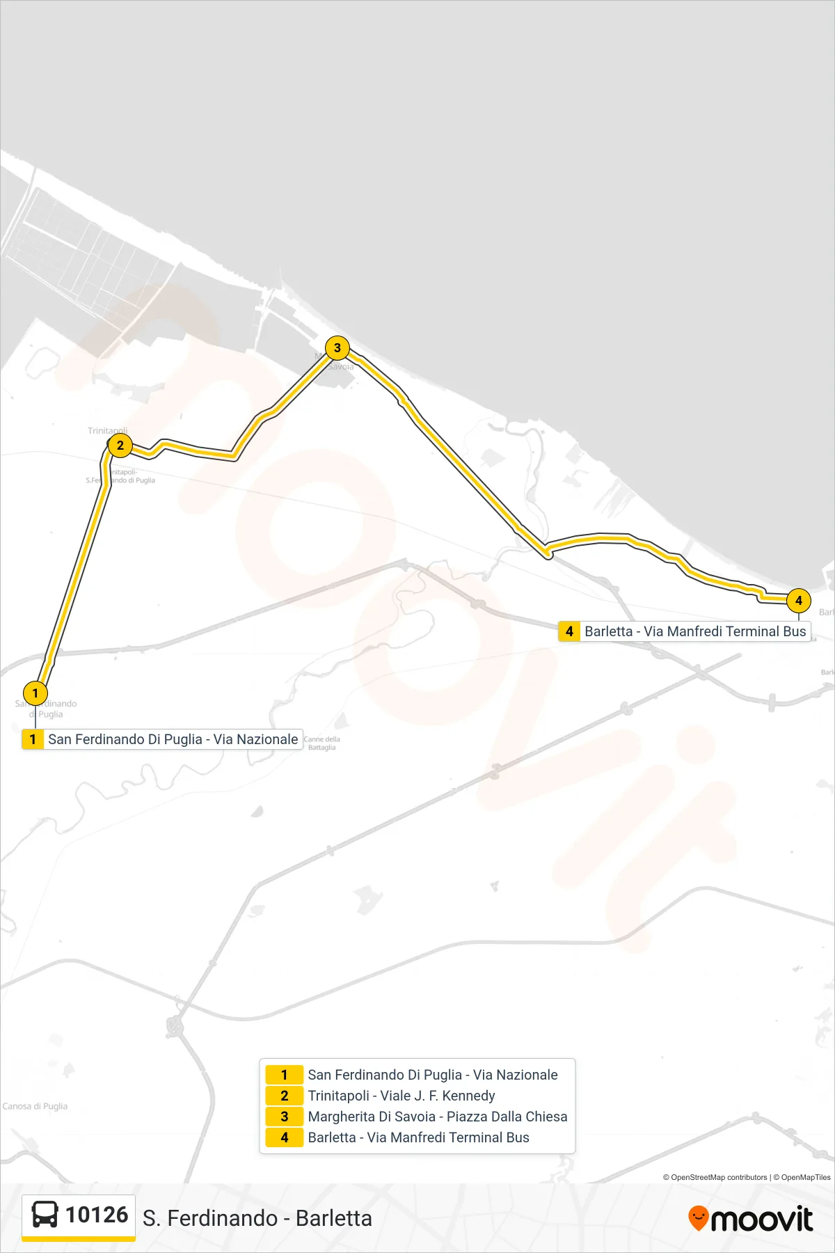 Linea 10126  bus (San Ferdinando Di Puglia - Via Nazionale‎→Barletta - Via Manfredi  Terminal Bus) - Percorsi e fermate sulla mappa