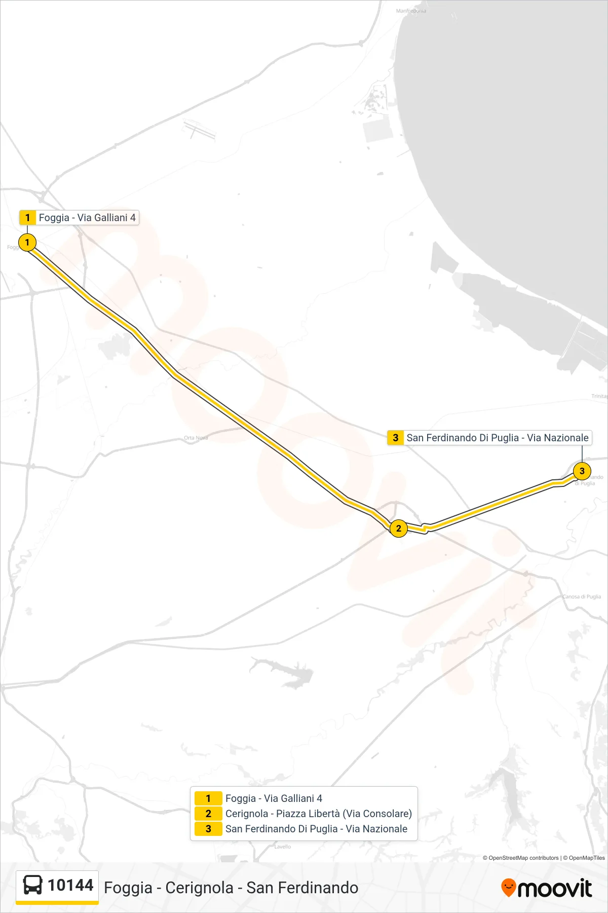 Linea 10144  bus (Foggia - Via Galliani 4‎→San Ferdinando Di Puglia - Via Nazionale) - Percorsi e fermate sulla mappa