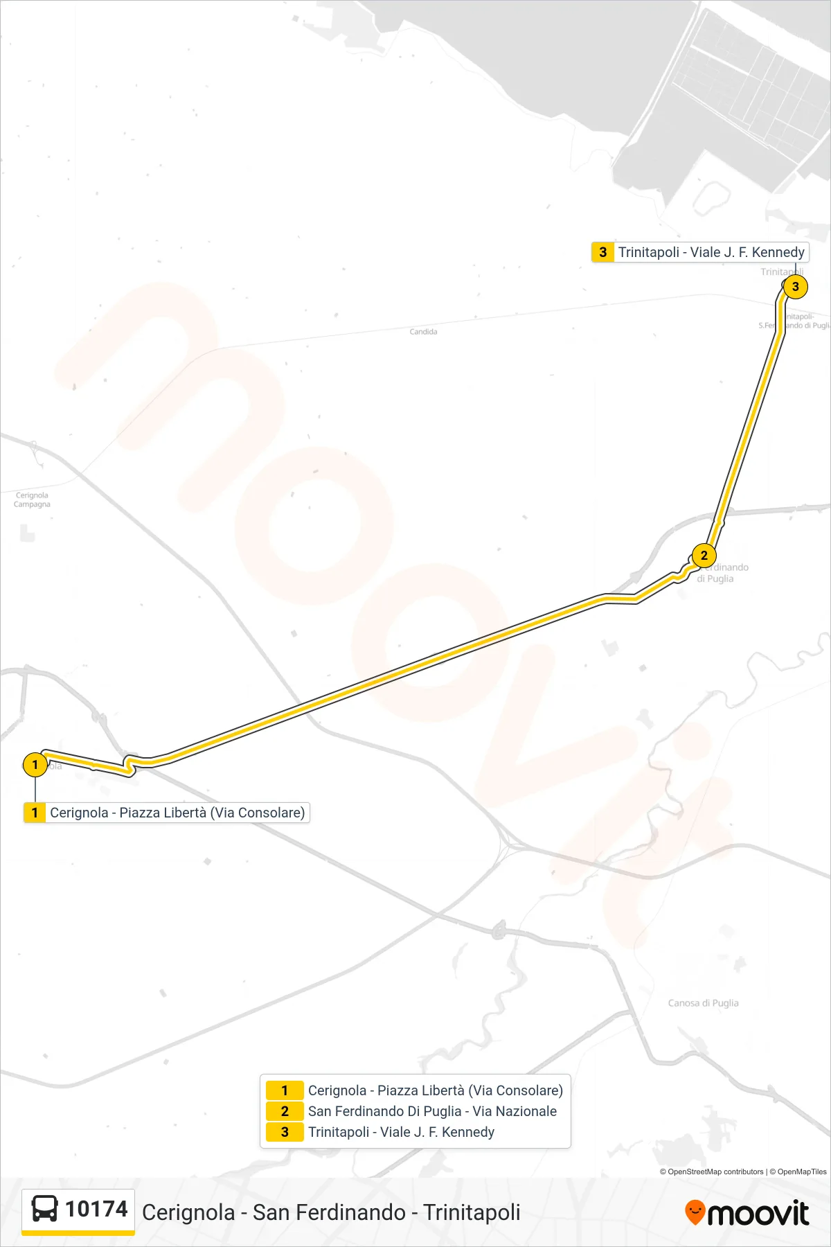 Linea 10174 bus (Cerignola - Piazza Libertà (Via Consolare)→Trinitapoli - Viale J. F. Kennedy) - Percorsi e fermate sulla mappa