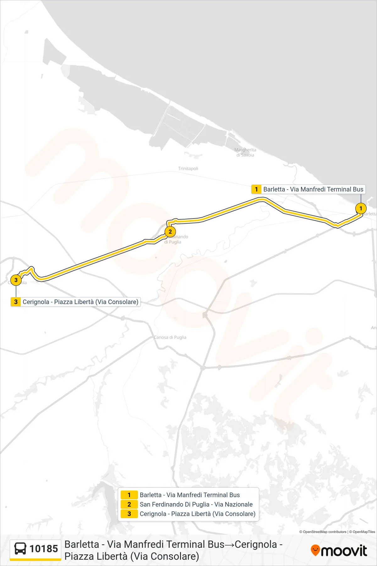 Linea 10185  bus (Barletta - Via Manfredi  Terminal Bus‎→Cerignola - Piazza Libertà (Via Consolare)) - Percorsi e fermate sulla mappa