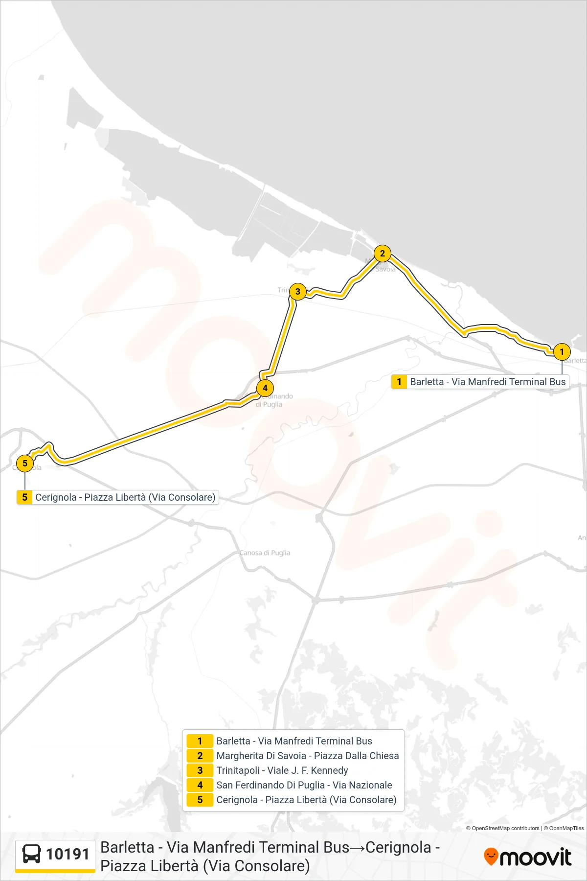 Linea 10191 bus (Barletta - Via Manfredi Terminal Bus→Cerignola - Piazza Libertà (Via Consolare)) - Percorsi e fermate sulla mappa