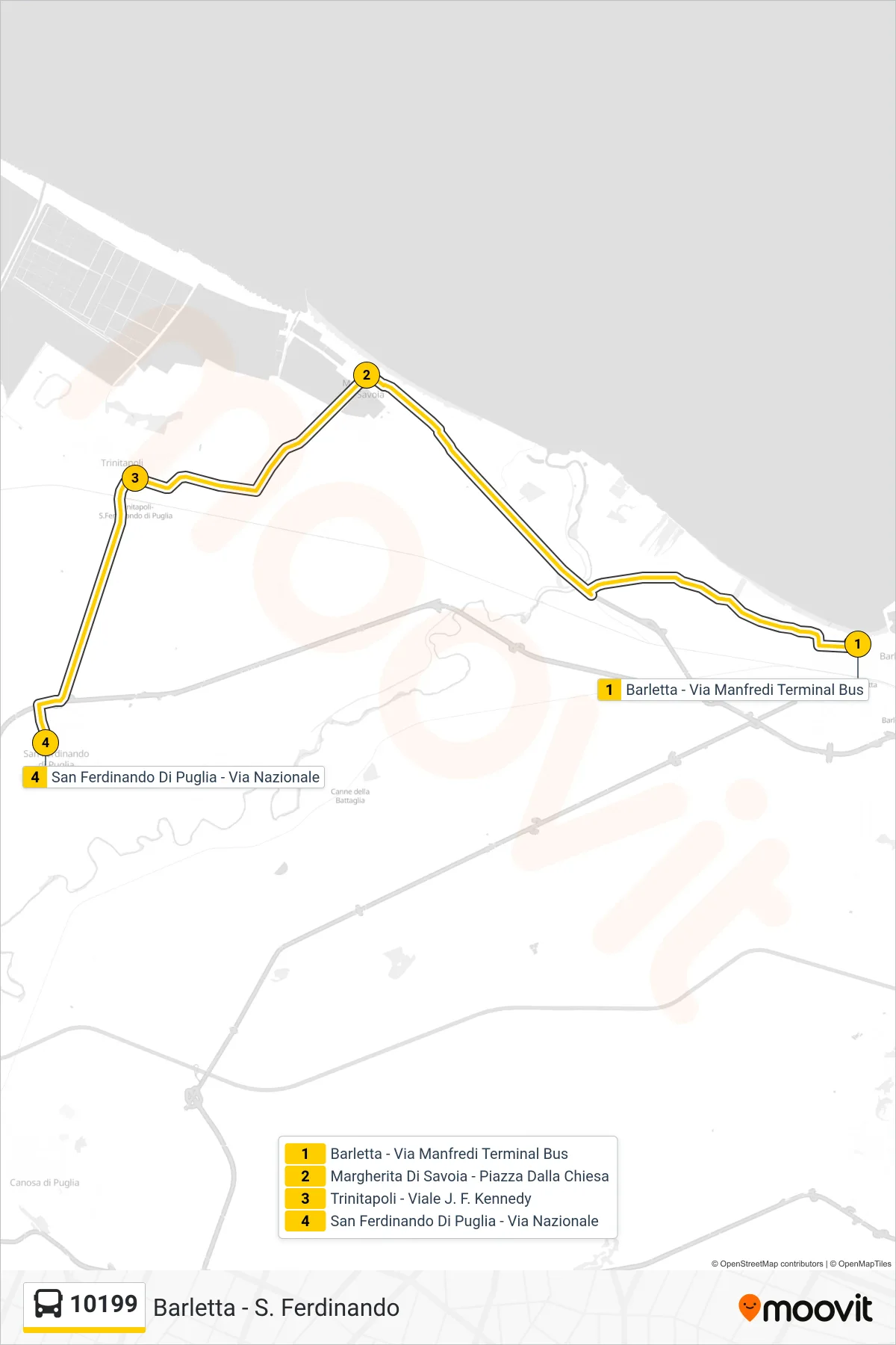 Linea 10199 bus (Barletta - Via Manfredi Terminal Bus→San Ferdinando Di Puglia - Via Nazionale) - Percorsi e fermate sulla mappa