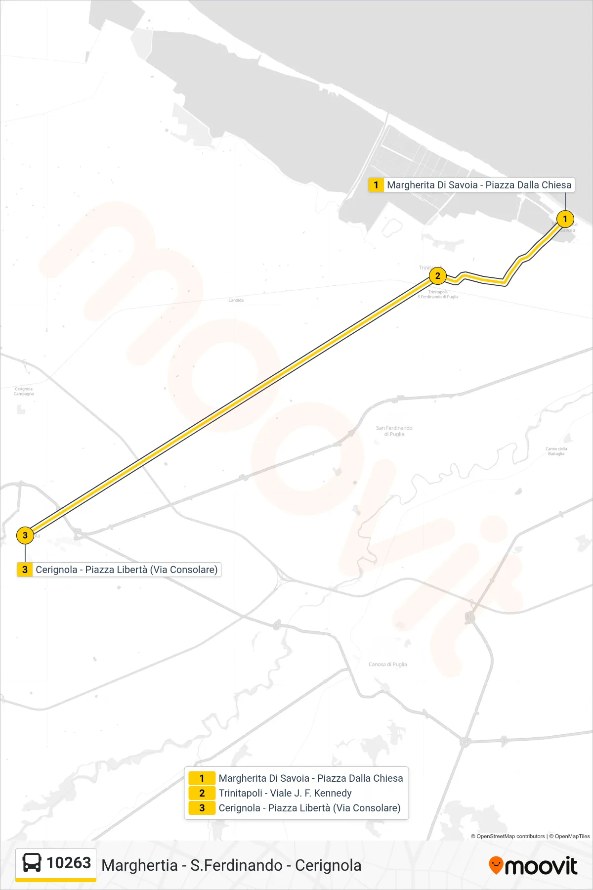 Linea 10263  bus (Margherita Di Savoia - Piazza Dalla Chiesa‎→Cerignola - Piazza Libertà (Via Consolare)) - Percorsi e fermate sulla mappa