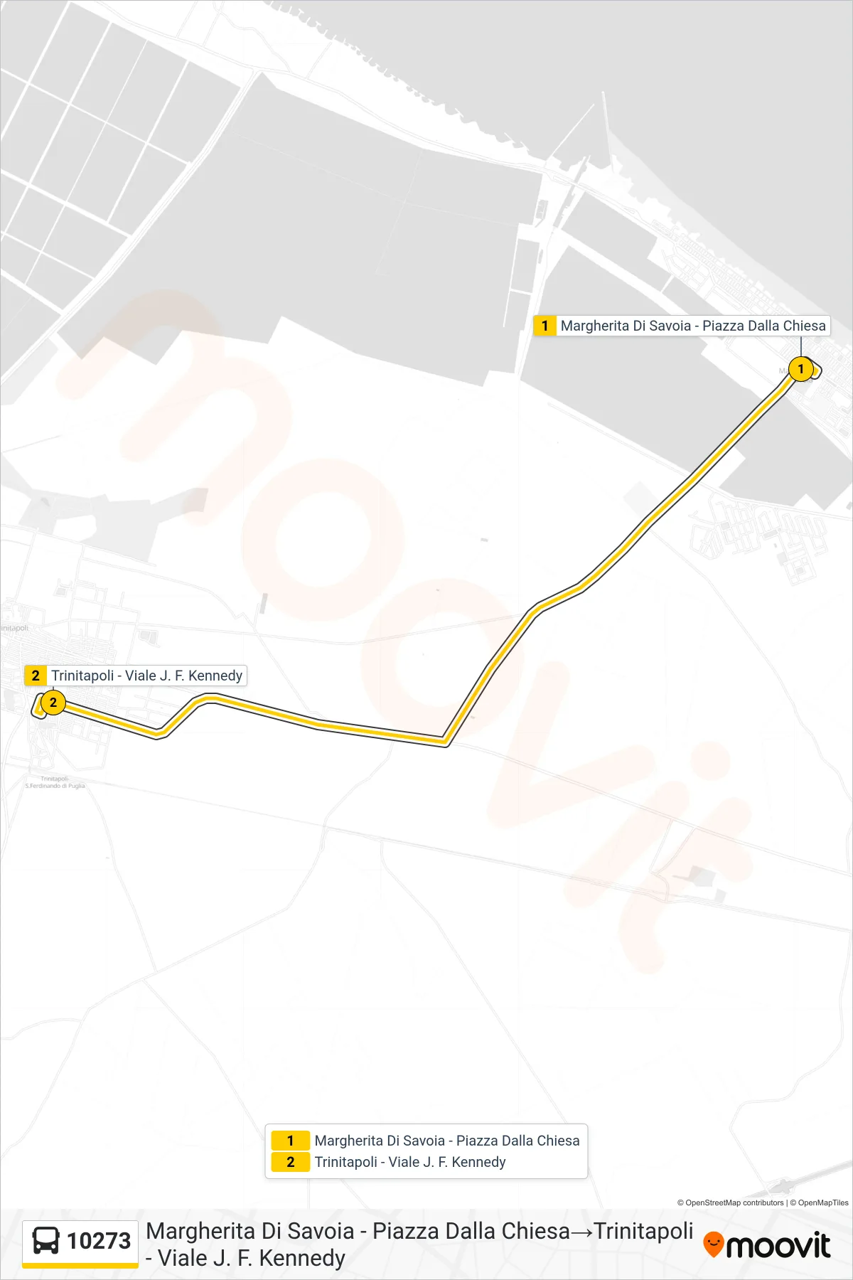 Linea 10273 bus (Margherita Di Savoia - Piazza Dalla Chiesa→Trinitapoli - Viale J. F. Kennedy) - Percorsi e fermate sulla mappa