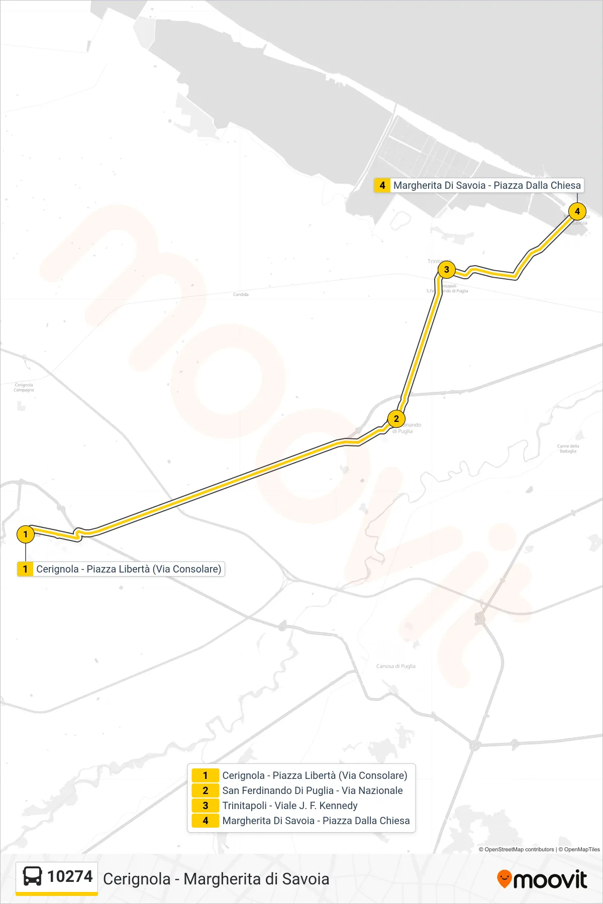 Linea 10274 bus (Cerignola - Piazza Libertà (Via Consolare)→Margherita Di Savoia - Piazza Dalla Chiesa) - Percorsi e fermate sulla mappa
