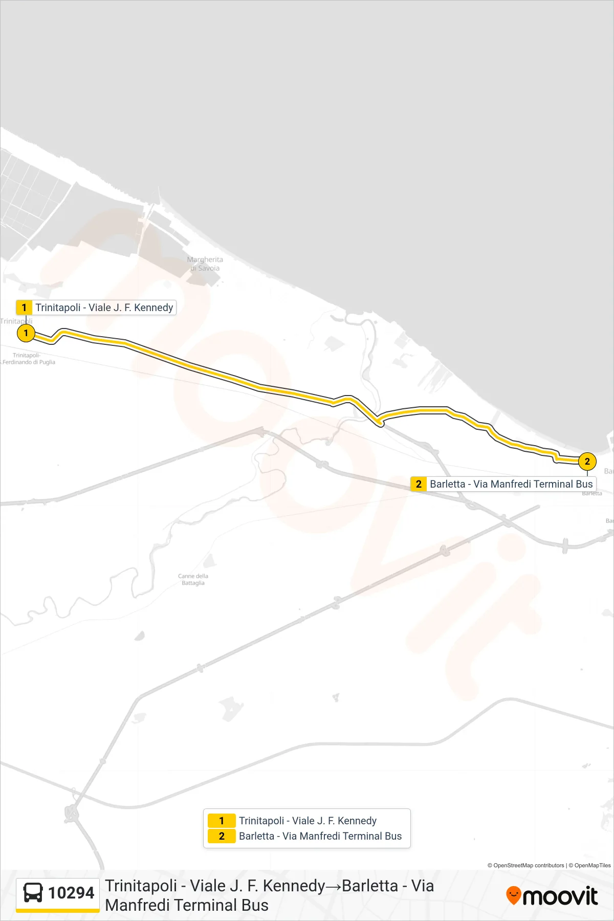 Linea 10294  bus (Trinitapoli - Viale J. F. Kennedy‎→Barletta - Via Manfredi  Terminal Bus) - Percorsi e fermate sulla mappa