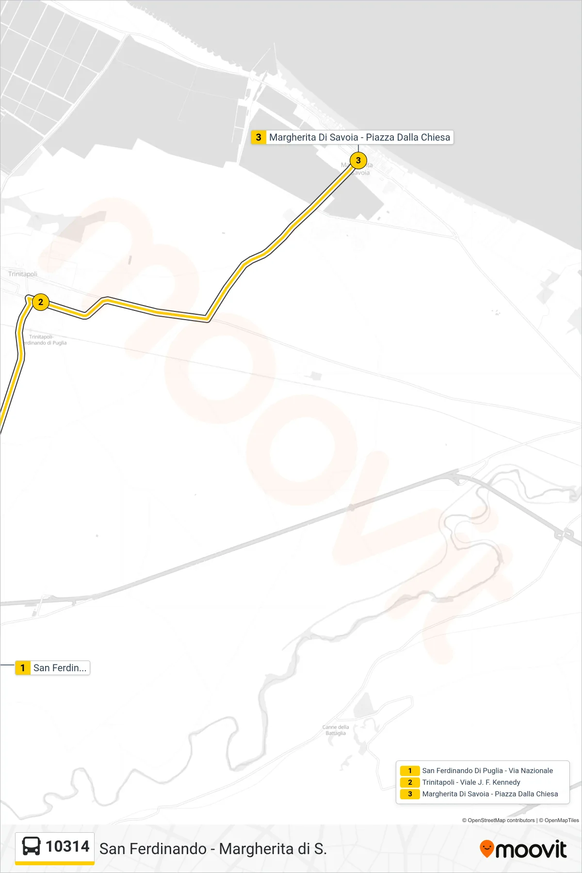 Linea 10314  bus (San Ferdinando Di Puglia - Via Nazionale‎→Margherita Di Savoia - Piazza Dalla Chiesa) - Percorsi e fermate sulla mappa